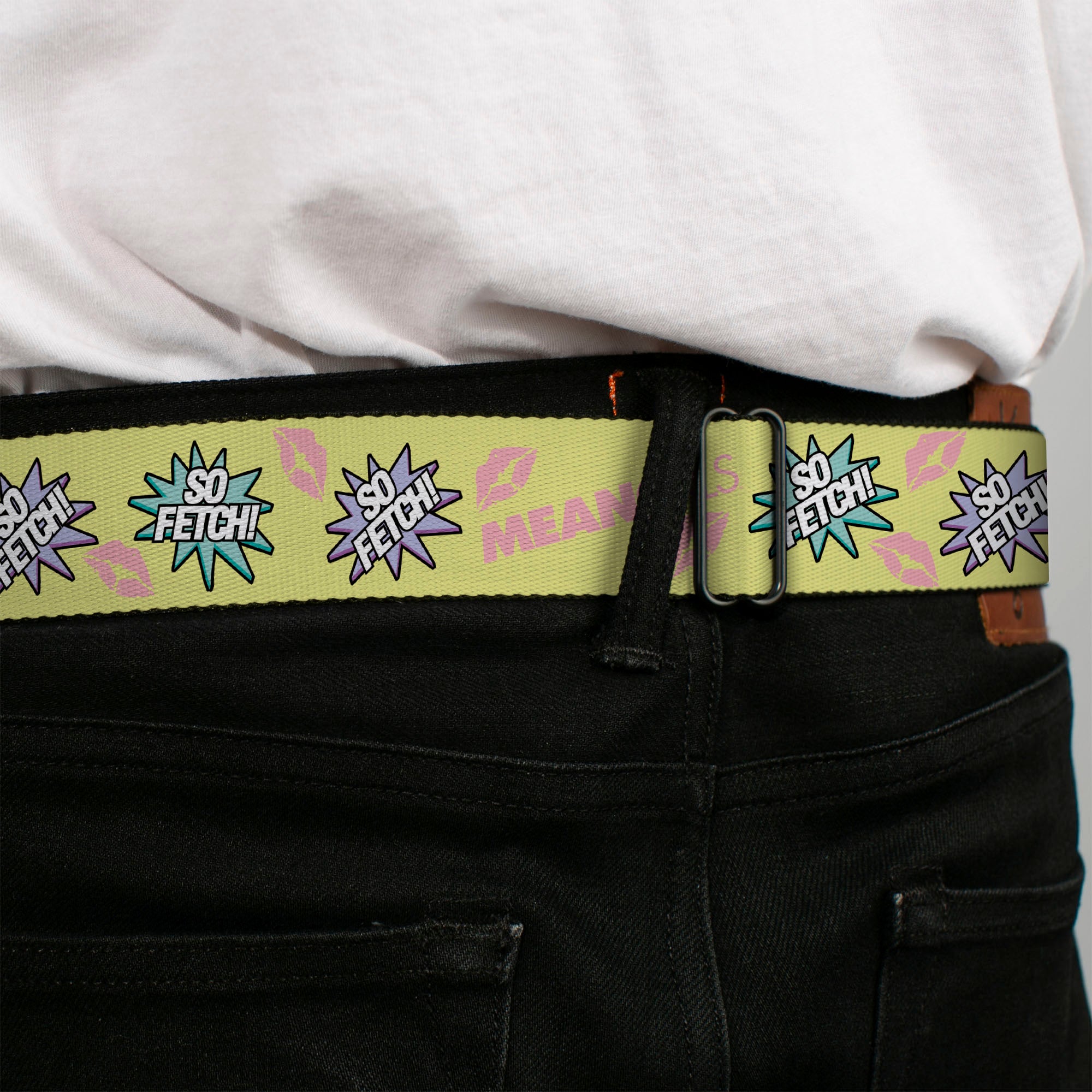 MEAN GIRLS Title Logo Full Color Black/White Seatbelt Belt - MEAN GIRLS Title Logo SO FETCH! Quote Collage Yellow/Pink/Blue Webbing Seatbelt Belts Mean Girls