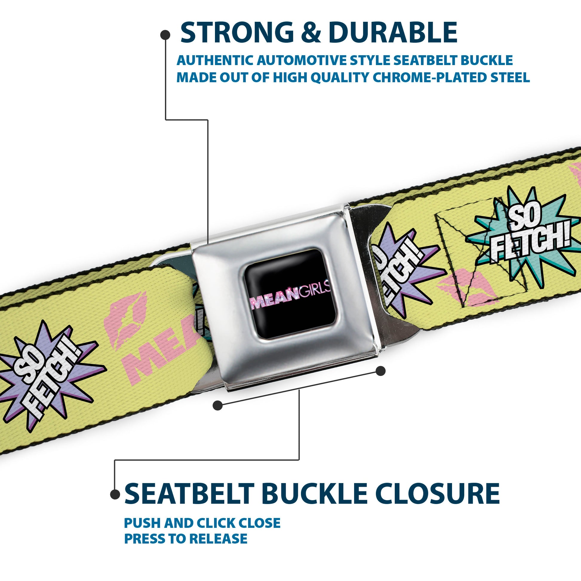 MEAN GIRLS Title Logo Full Color Black/White Seatbelt Belt - MEAN GIRLS Title Logo SO FETCH! Quote Collage Yellow/Pink/Blue Webbing Seatbelt Belts Mean Girls