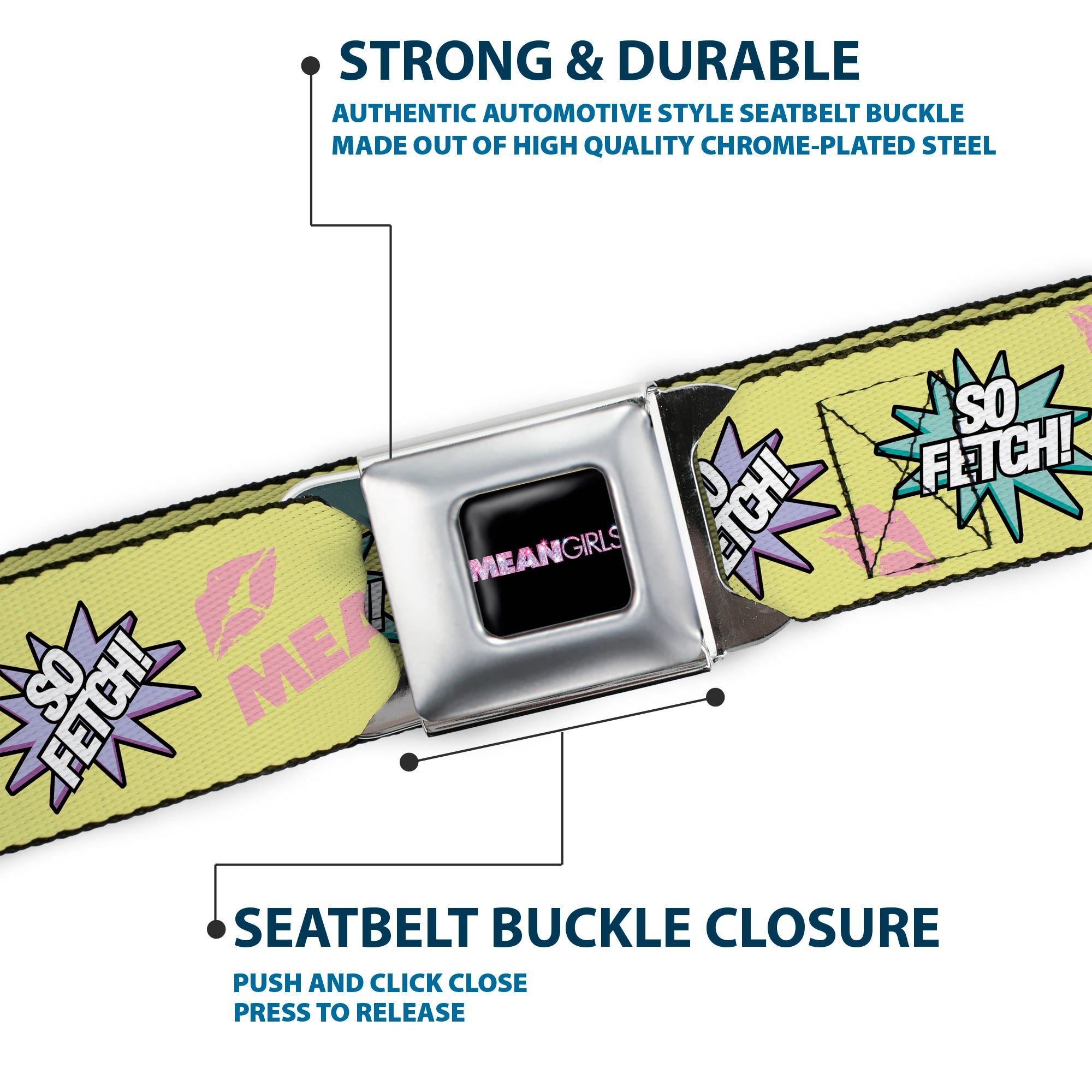 MEAN GIRLS Title Logo Full Color Black/White Seatbelt Belt - MEAN GIRLS Title Logo SO FETCH! Quote Collage Yellow/Pink/Blue Webbing Seatbelt Belts Mean Girls