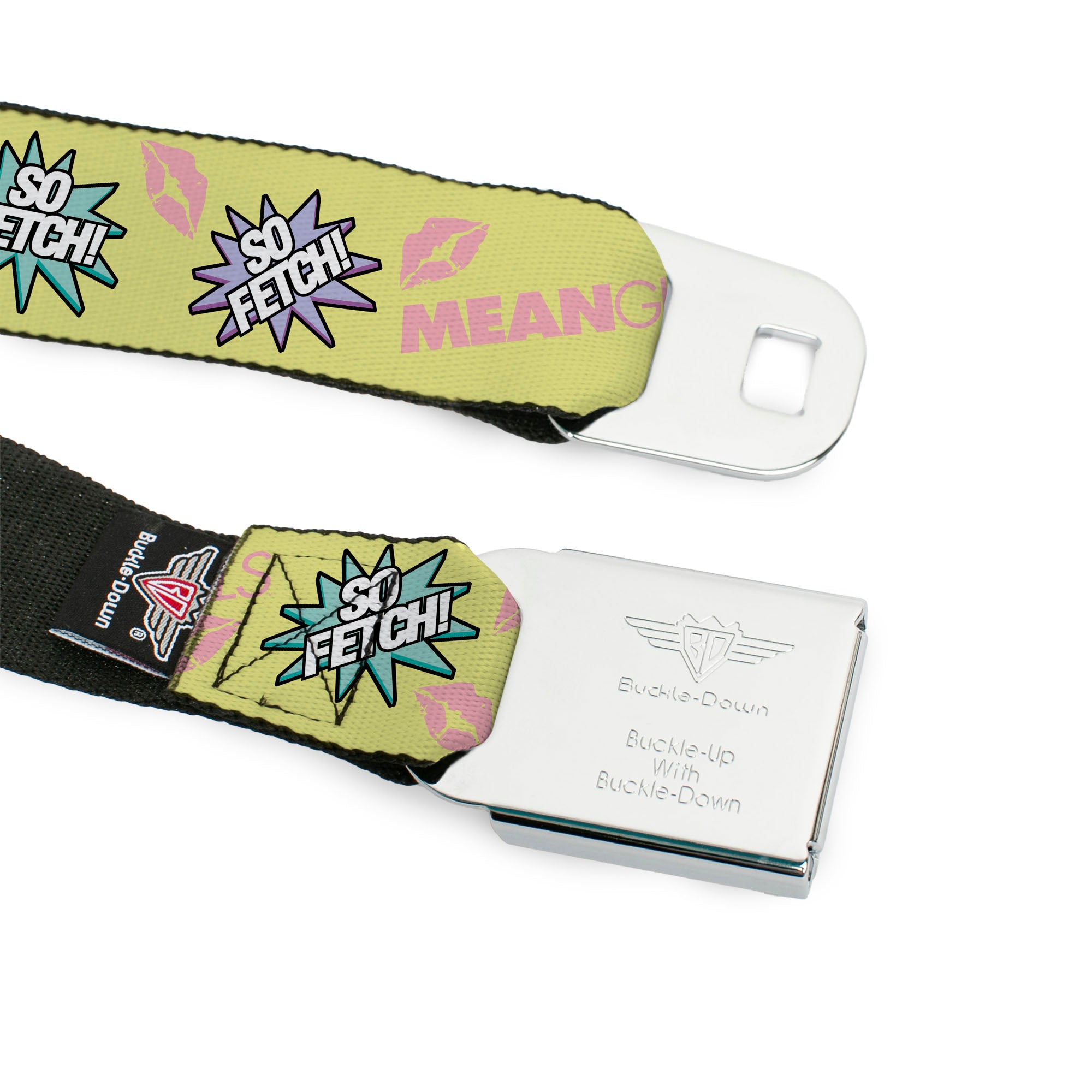 MEAN GIRLS Title Logo Full Color Black/White Seatbelt Belt - MEAN GIRLS Title Logo SO FETCH! Quote Collage Yellow/Pink/Blue Webbing Seatbelt Belts Mean Girls