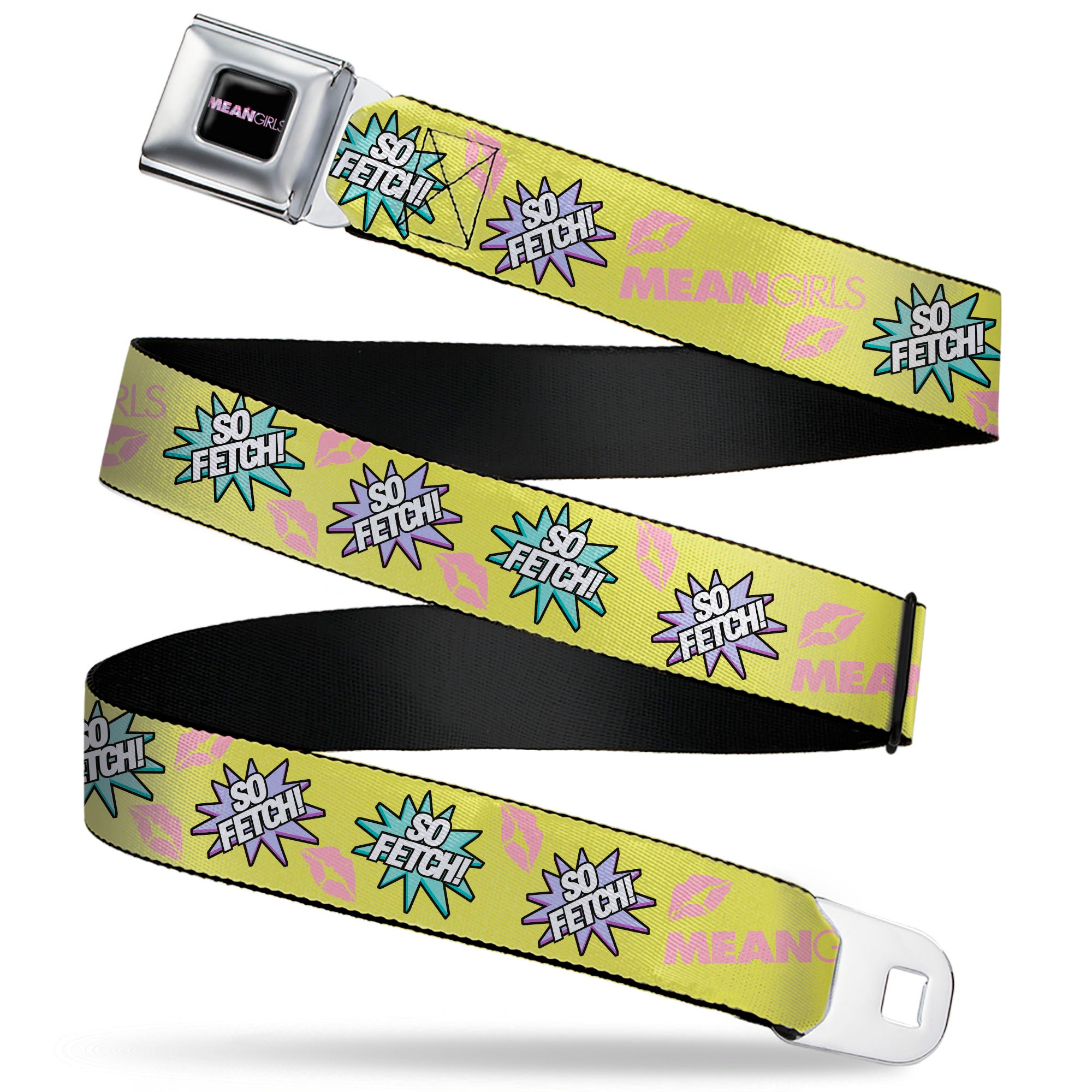 MEAN GIRLS Title Logo Full Color Black/White Seatbelt Belt - MEAN GIRLS Title Logo SO FETCH! Quote Collage Yellow/Pink/Blue Webbing Seatbelt Belts Mean Girls
