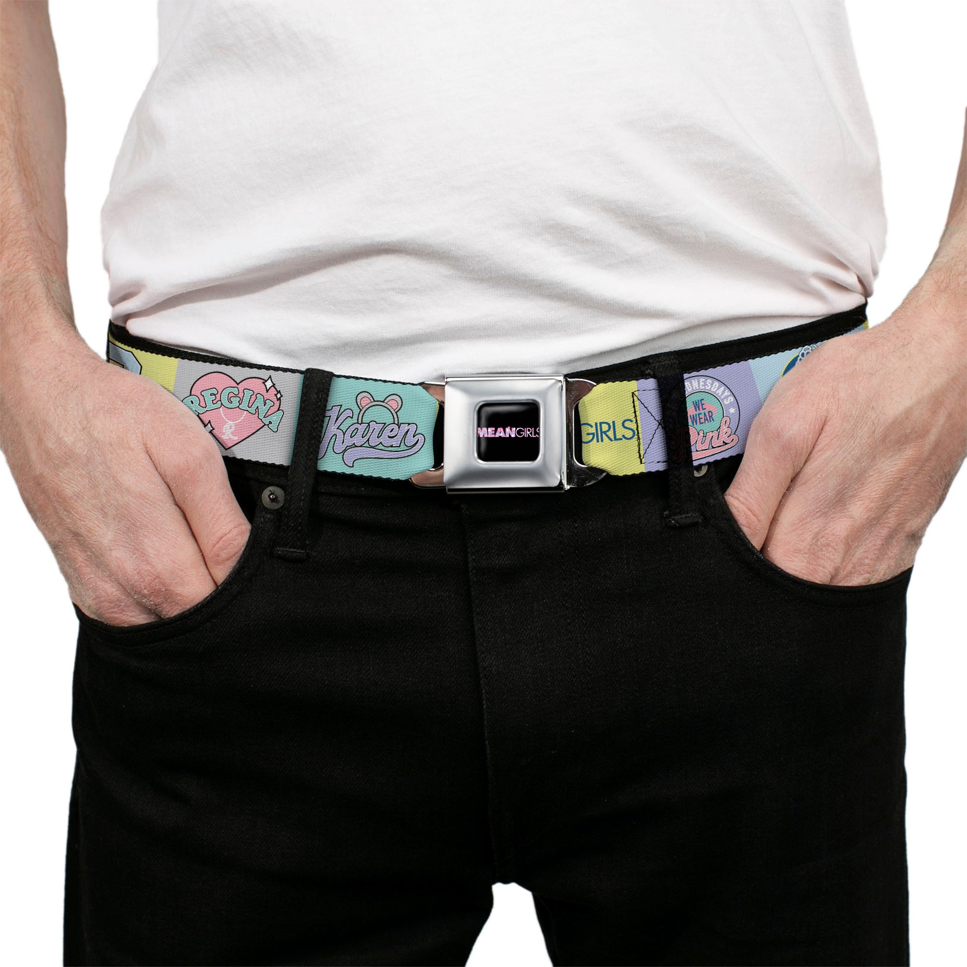 MEAN GIRLS Title Logo Full Color Black/White Seatbelt Belt - Mean Girls the Plastics Icon Blocks Multi Pastel Webbing Seatbelt Belts Mean Girls