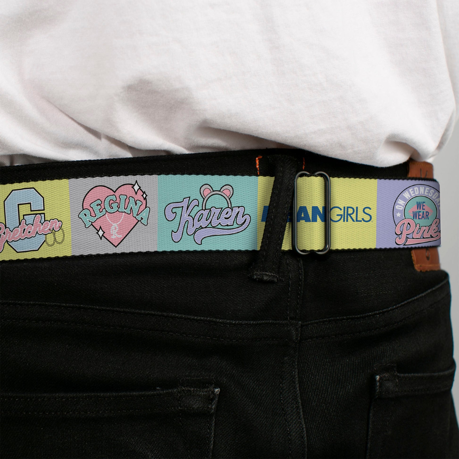 MEAN GIRLS Title Logo Full Color Black/White Seatbelt Belt - Mean Girls the Plastics Icon Blocks Multi Pastel Webbing Seatbelt Belts Mean Girls