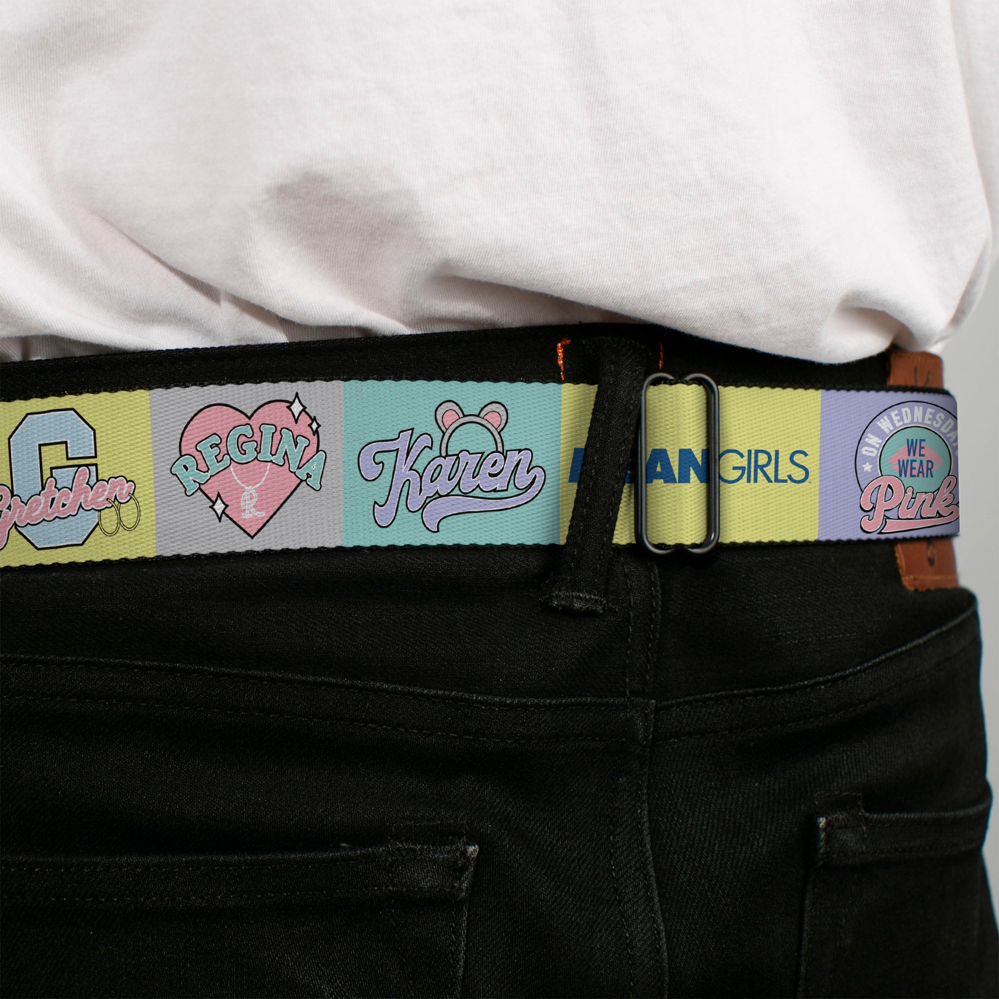 MEAN GIRLS Title Logo Full Color Black/White Seatbelt Belt - Mean Girls the Plastics Icon Blocks Multi Pastel Webbing Seatbelt Belts Mean Girls