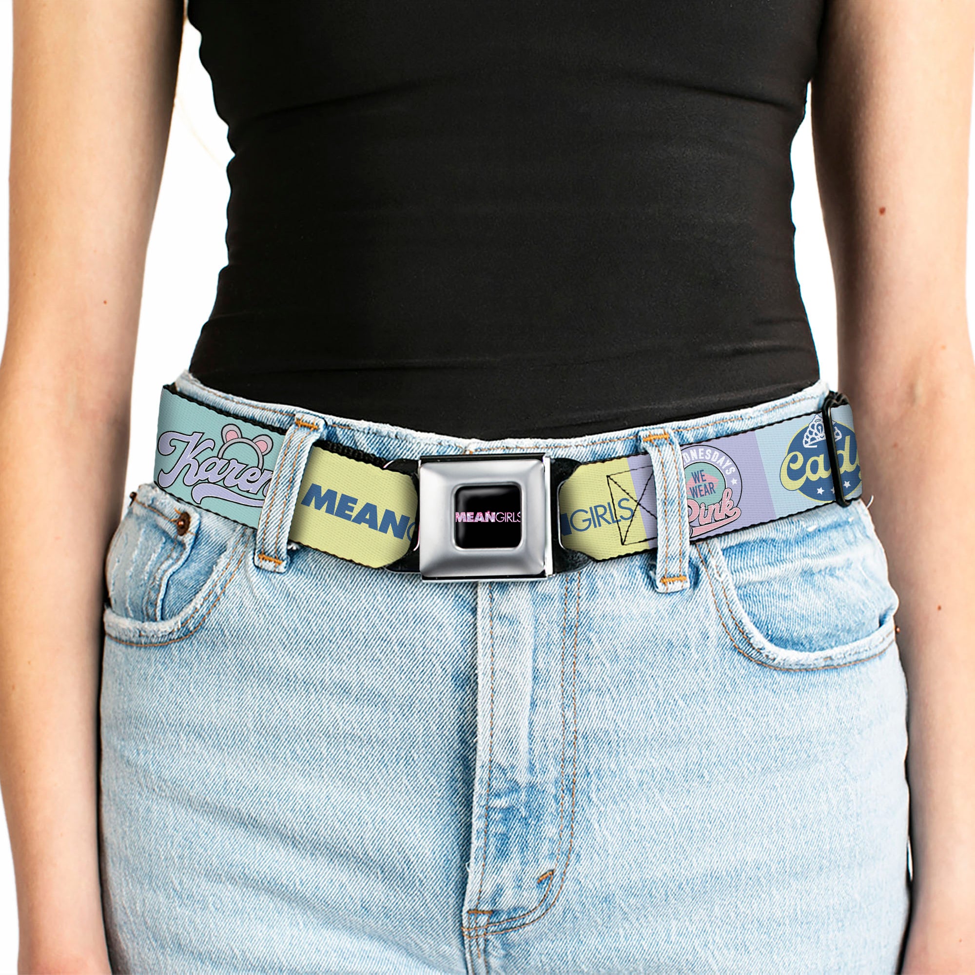 MEAN GIRLS Title Logo Full Color Black/White Seatbelt Belt - Mean Girls the Plastics Icon Blocks Multi Pastel Webbing Seatbelt Belts Mean Girls