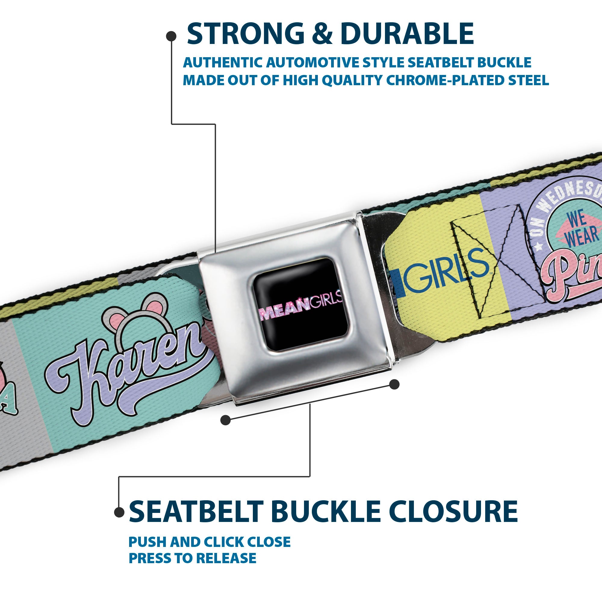 MEAN GIRLS Title Logo Full Color Black/White Seatbelt Belt - Mean Girls the Plastics Icon Blocks Multi Pastel Webbing Seatbelt Belts Mean Girls