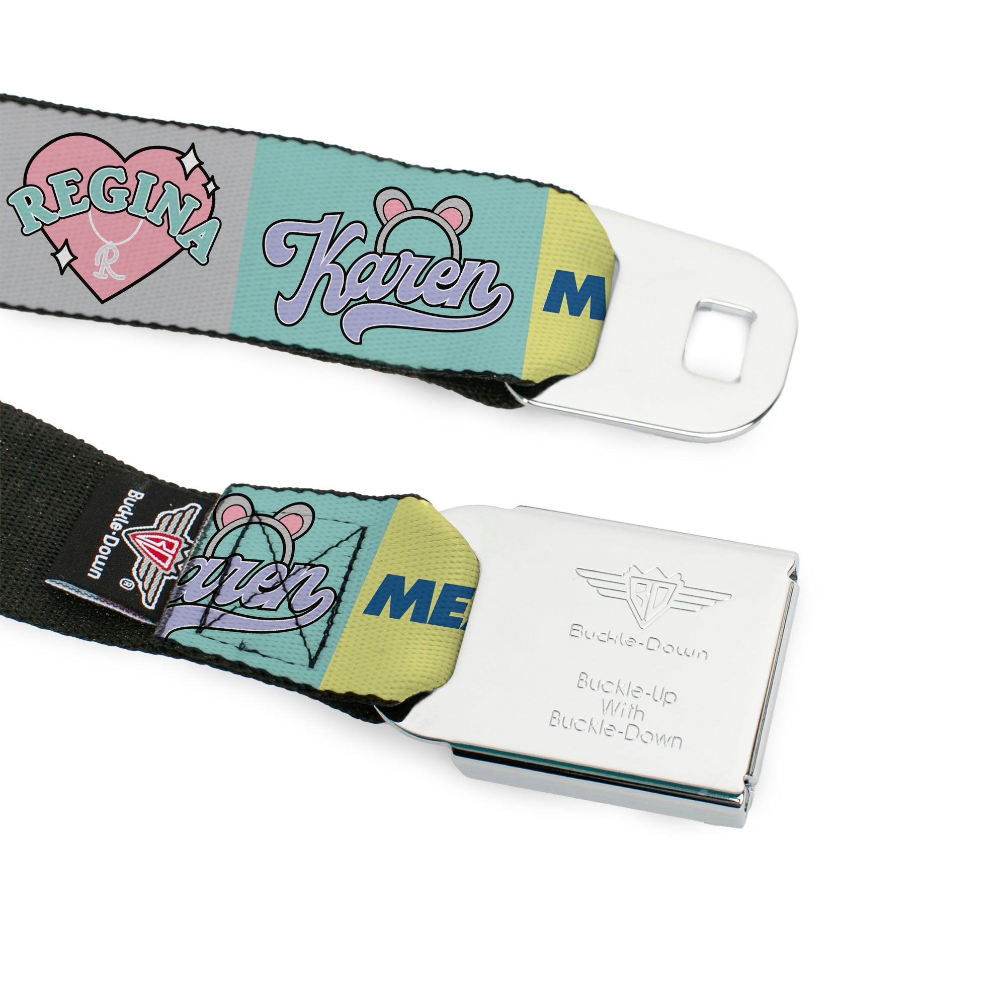 MEAN GIRLS Title Logo Full Color Black/White Seatbelt Belt - Mean Girls the Plastics Icon Blocks Multi Pastel Webbing Seatbelt Belts Mean Girls
