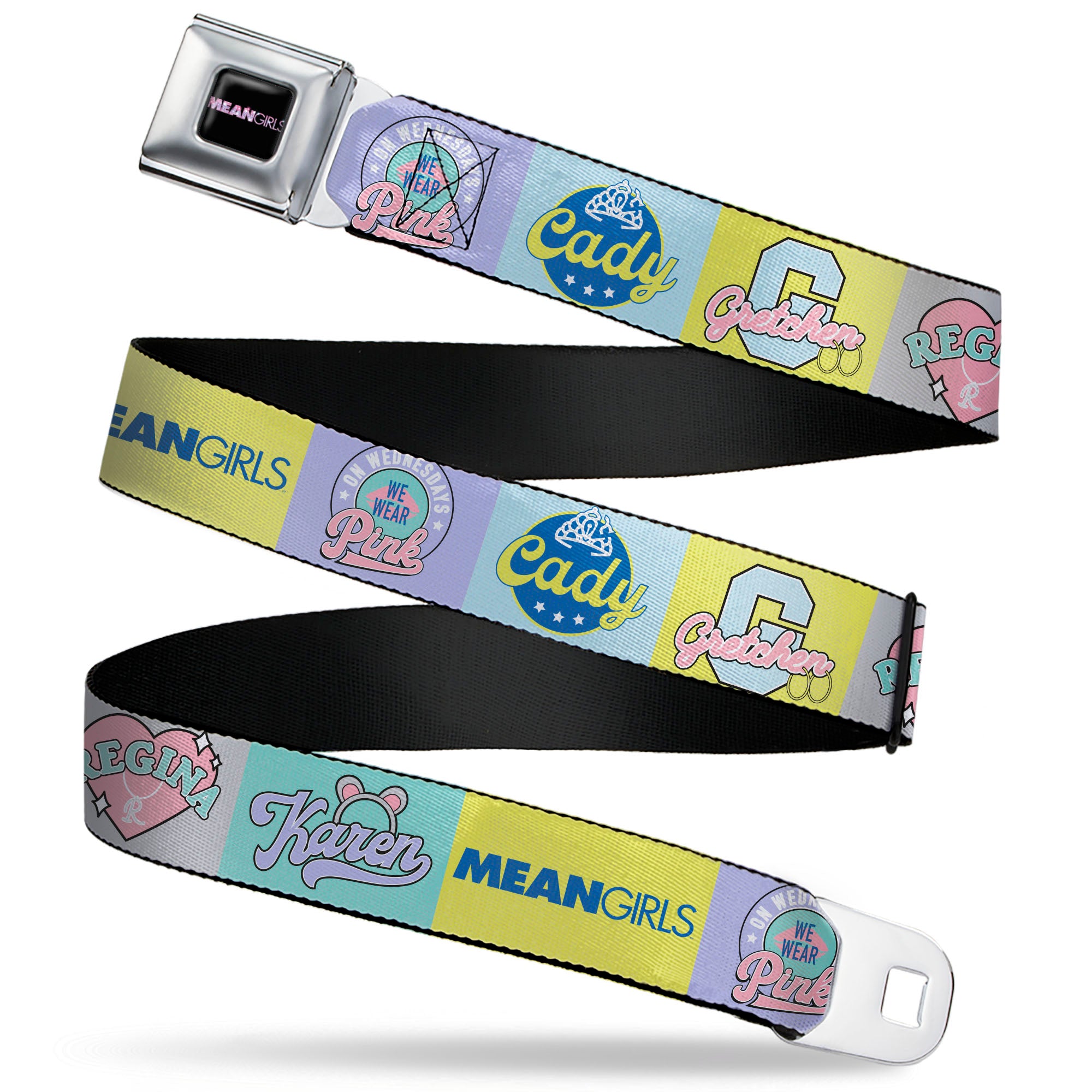 MEAN GIRLS Title Logo Full Color Black/White Seatbelt Belt - Mean Girls the Plastics Icon Blocks Multi Pastel Webbing Seatbelt Belts Mean Girls
