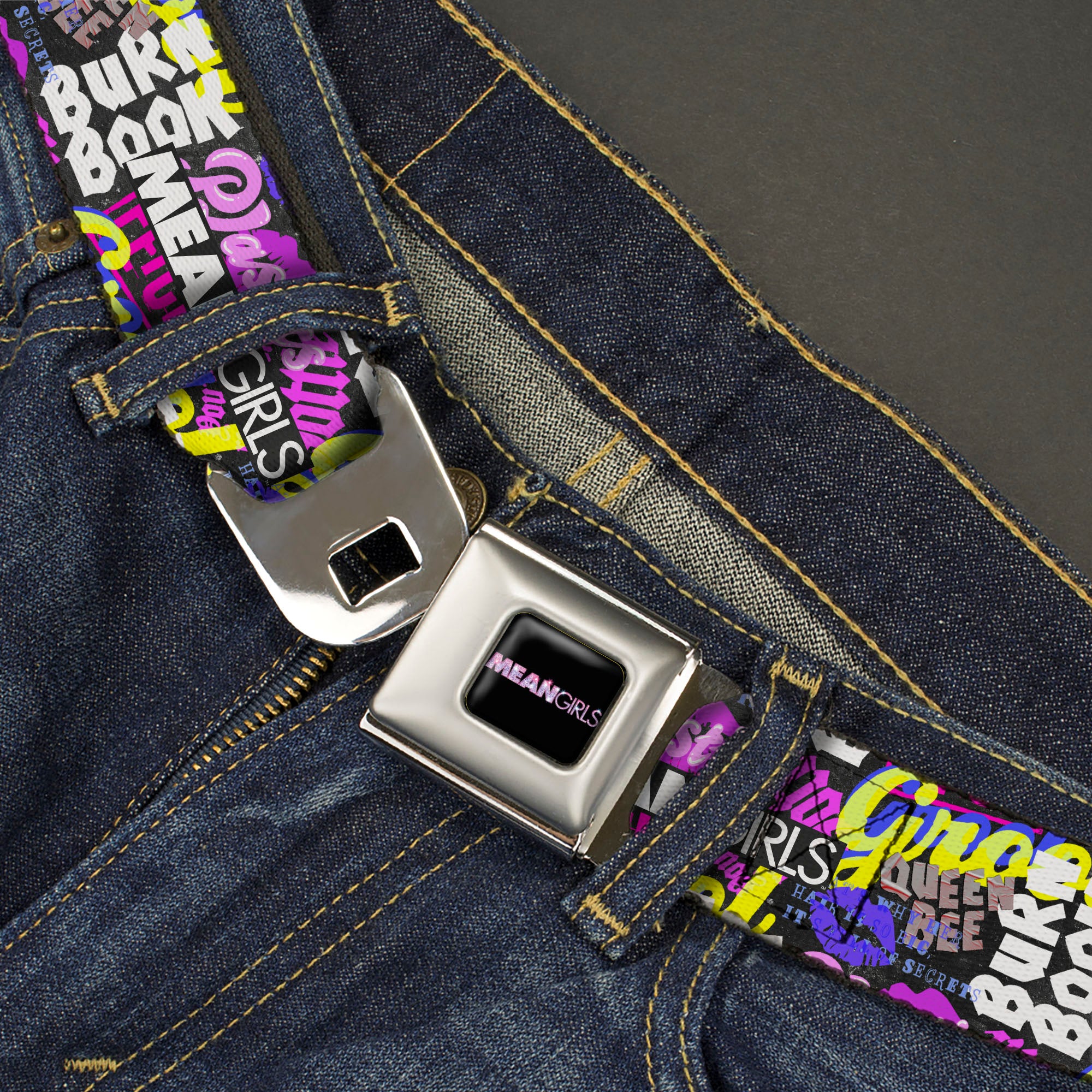 MEAN GIRLS Title Logo Full Color Black/White Seatbelt Belt - Mean Girls Catch Phrases Collage Black/Multi Color Webbing Seatbelt Belts Mean Girls