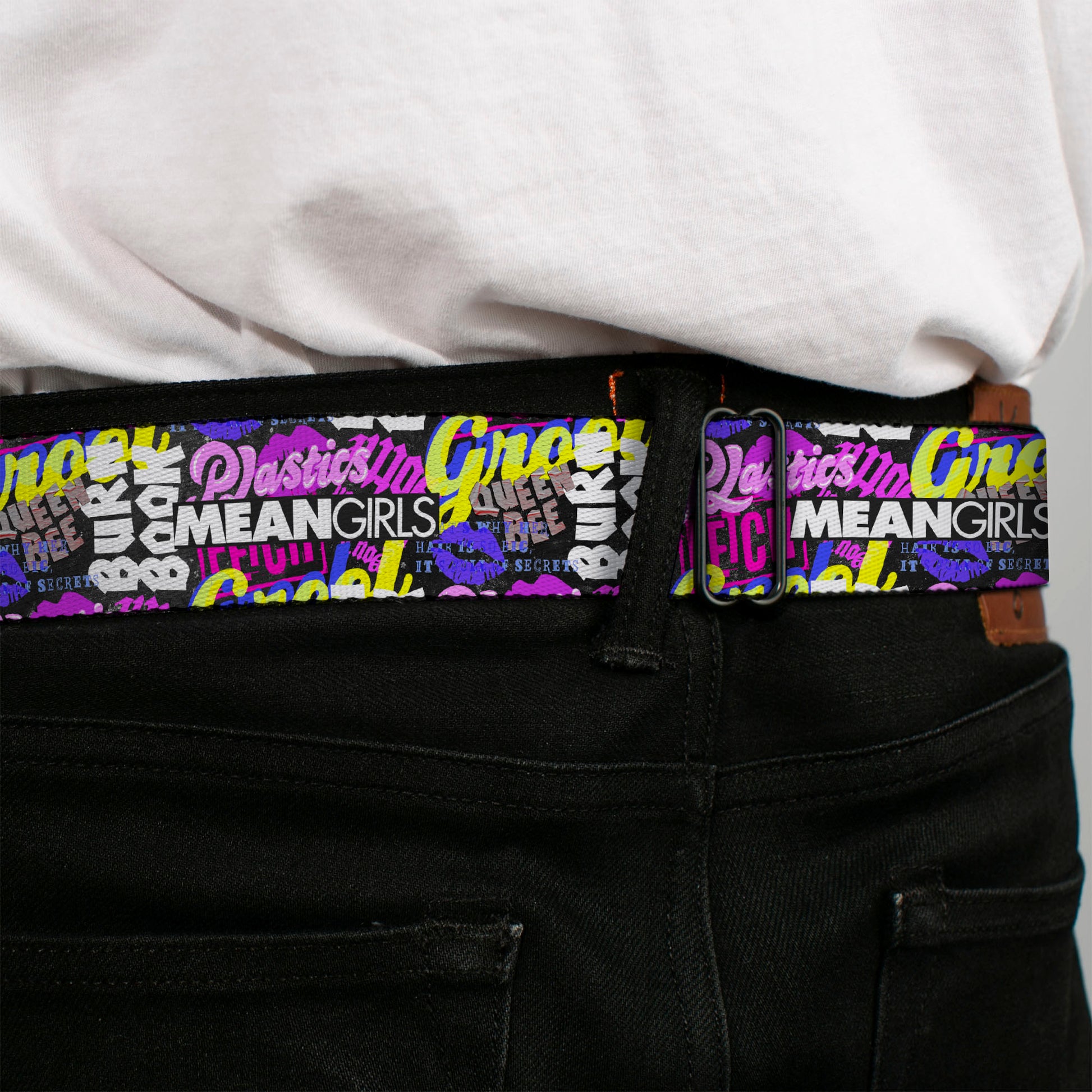 MEAN GIRLS Title Logo Full Color Black/White Seatbelt Belt - Mean Girls Catch Phrases Collage Black/Multi Color Webbing Seatbelt Belts Mean Girls