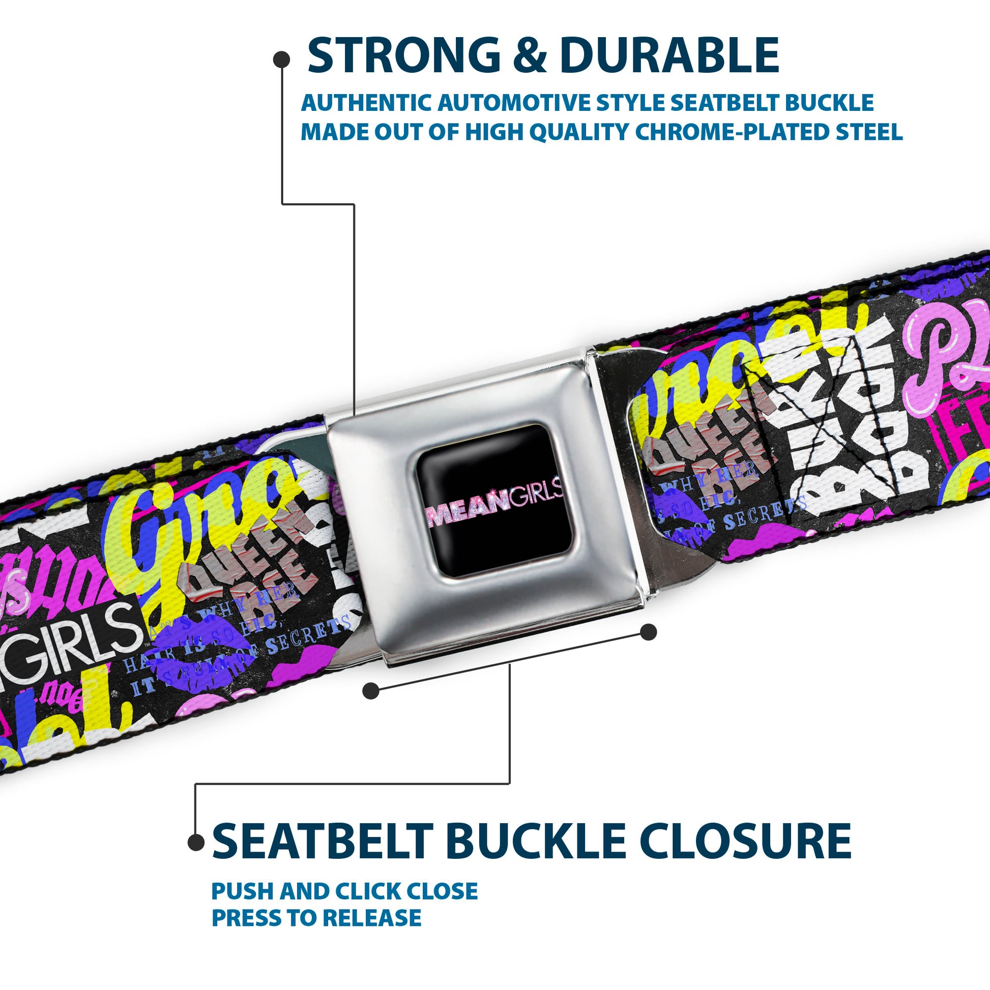 MEAN GIRLS Title Logo Full Color Black/White Seatbelt Belt - Mean Girls Catch Phrases Collage Black/Multi Color Webbing Seatbelt Belts Mean Girls