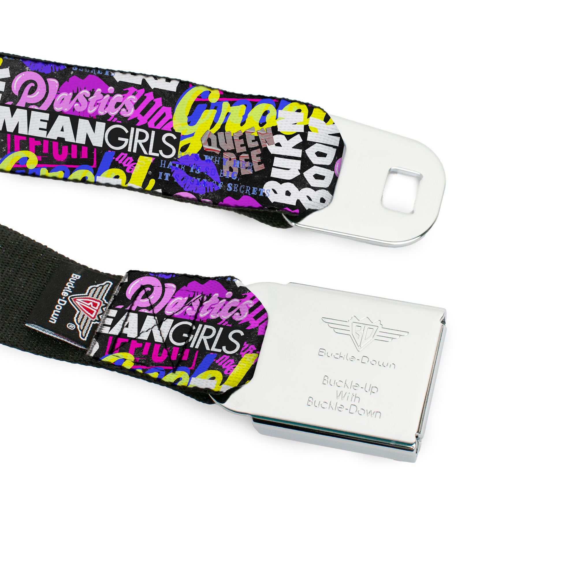 MEAN GIRLS Title Logo Full Color Black/White Seatbelt Belt - Mean Girls Catch Phrases Collage Black/Multi Color Webbing Seatbelt Belts Mean Girls
