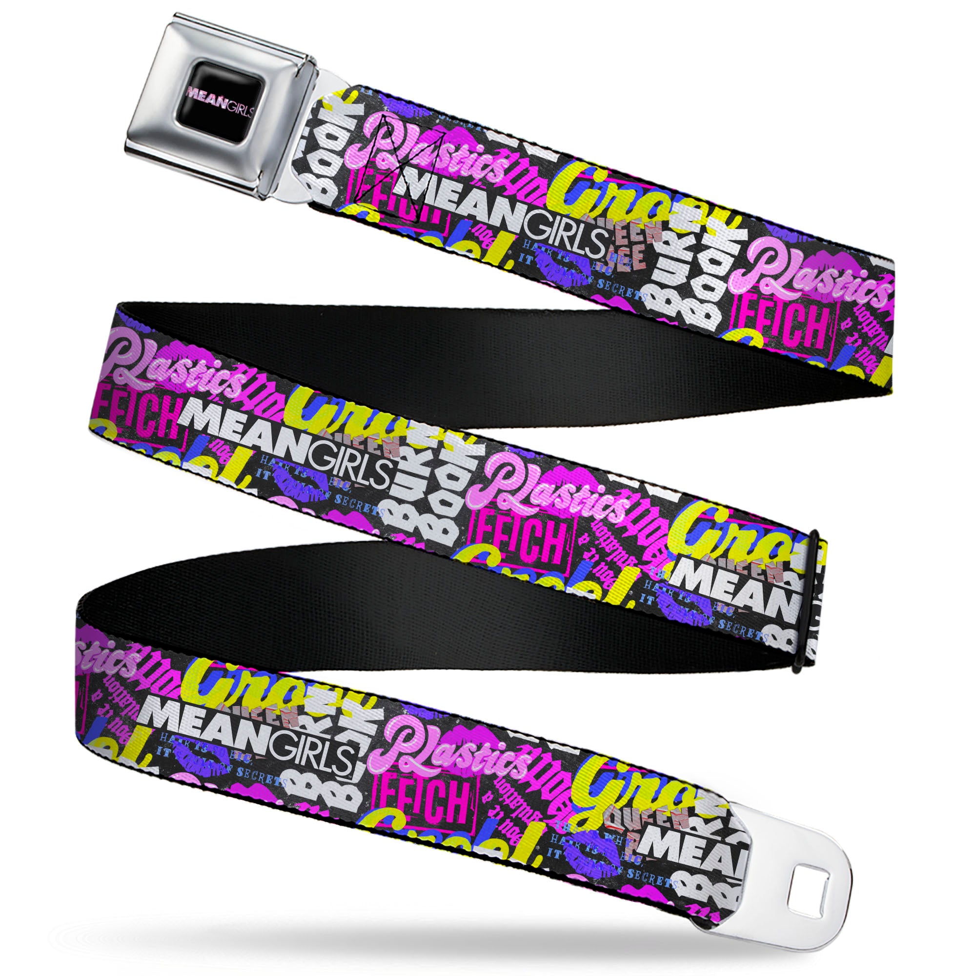 MEAN GIRLS Title Logo Full Color Black/White Seatbelt Belt - Mean Girls Catch Phrases Collage Black/Multi Color Webbing Seatbelt Belts Mean Girls