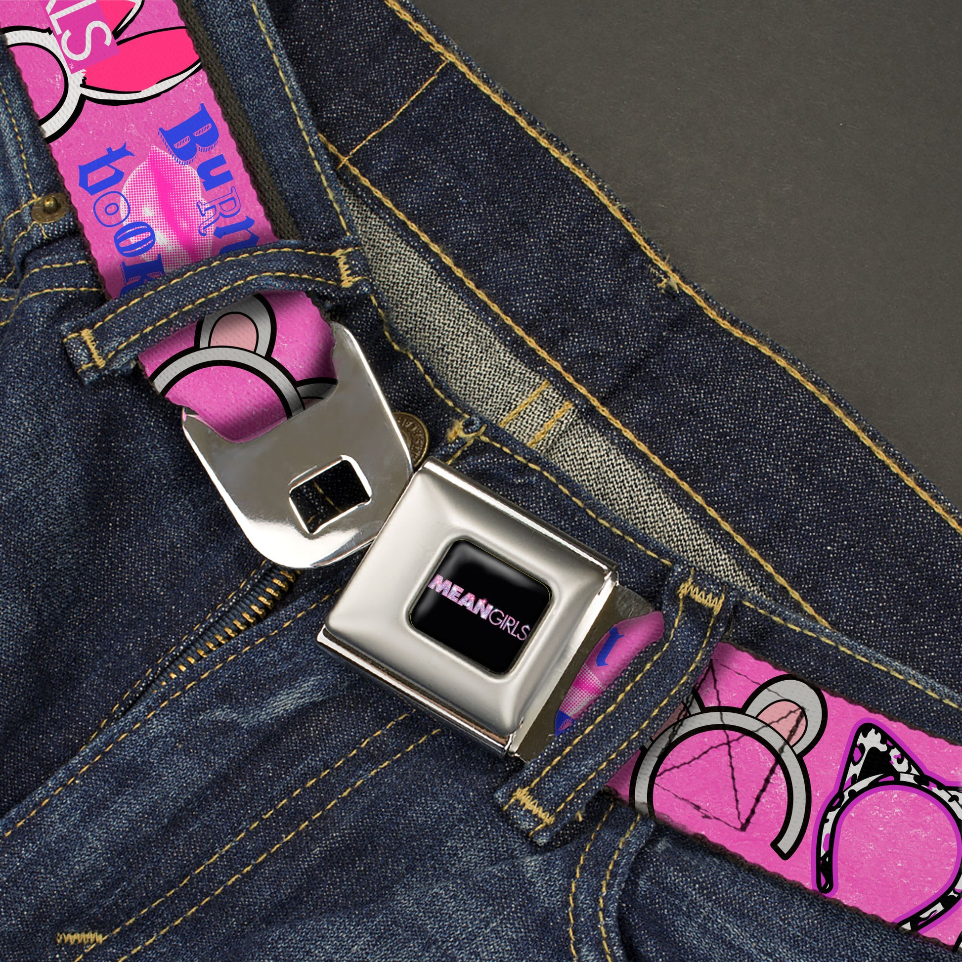 MEAN GIRLS Title Logo Full Color Black/White Seatbelt Belt - MEAN GIRLS Quotes and Plastics Animal Ears Collage Pink Webbing Seatbelt Belts Mean Girls