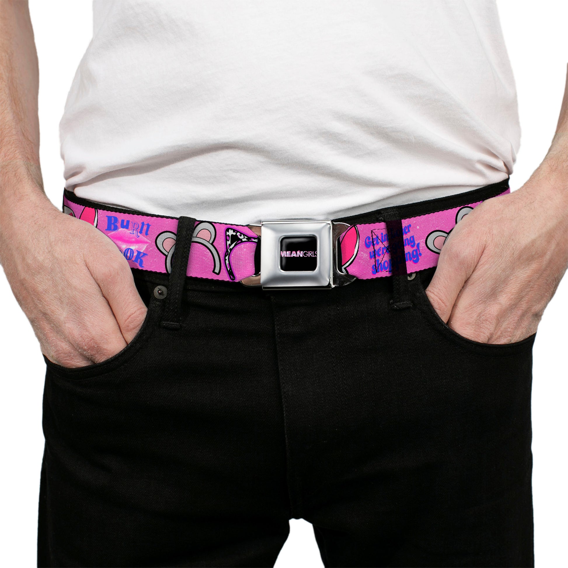 MEAN GIRLS Title Logo Full Color Black/White Seatbelt Belt - MEAN GIRLS Quotes and Plastics Animal Ears Collage Pink Webbing Seatbelt Belts Mean Girls