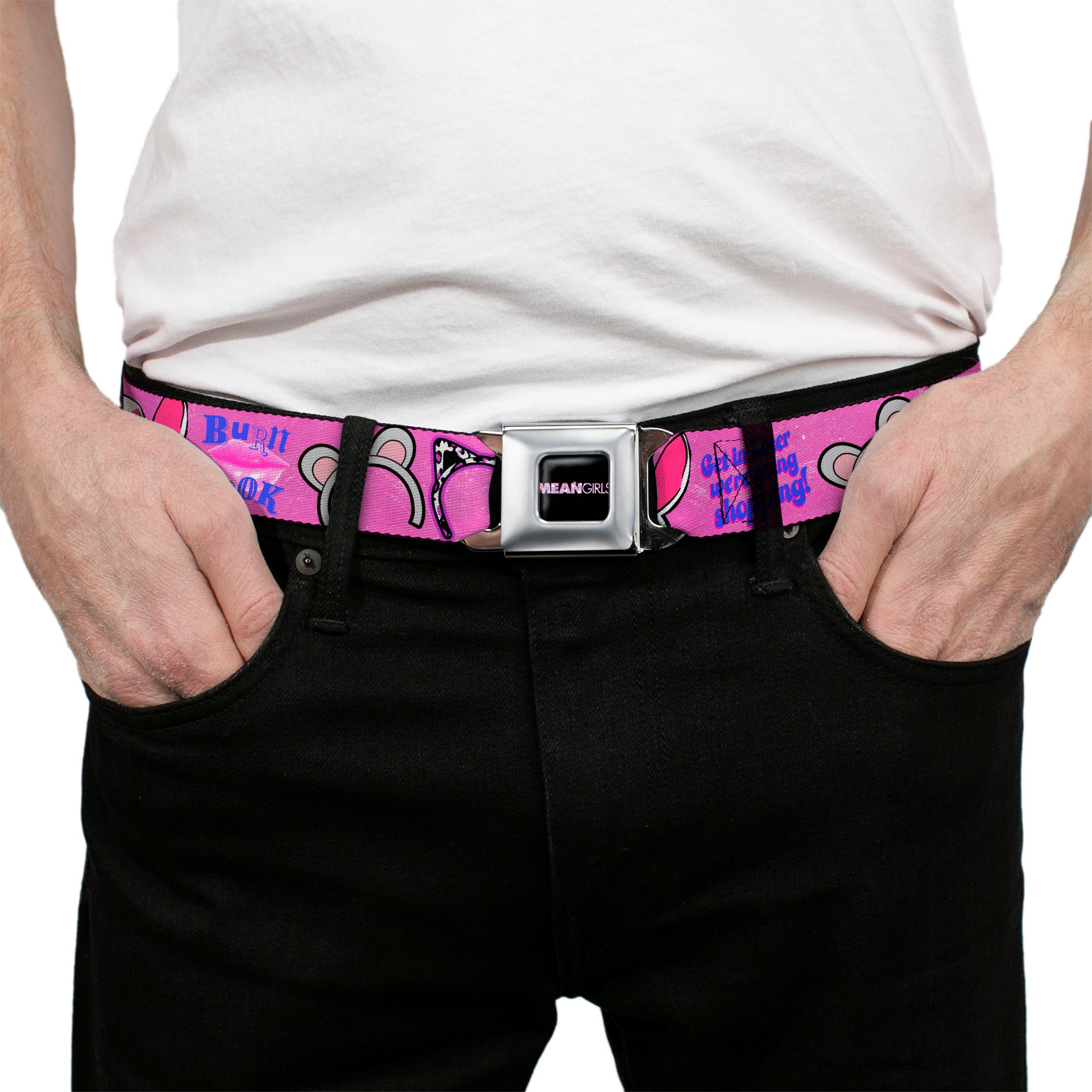 MEAN GIRLS Title Logo Full Color Black/White Seatbelt Belt - MEAN GIRLS Quotes and Plastics Animal Ears Collage Pink Webbing Seatbelt Belts Mean Girls