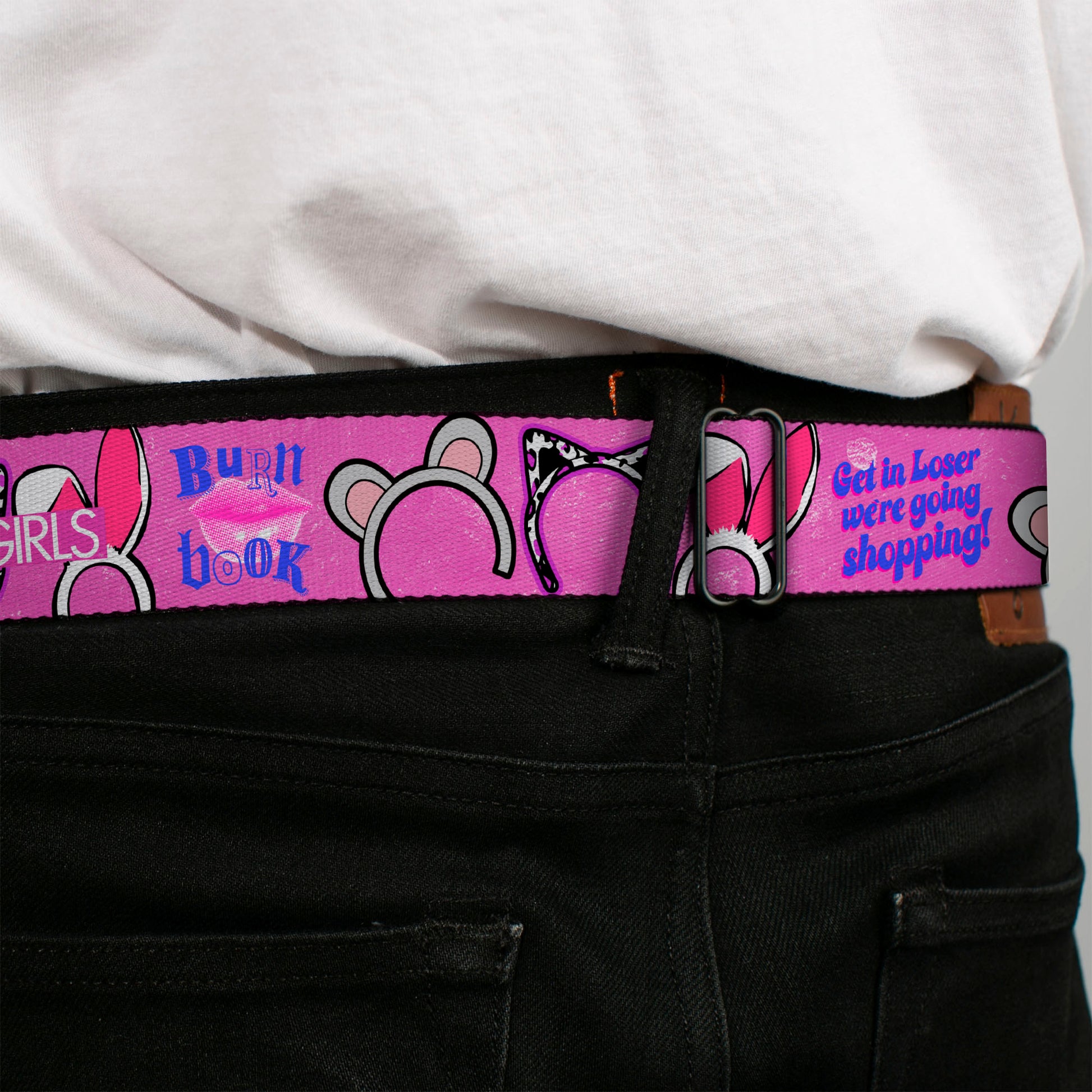 MEAN GIRLS Title Logo Full Color Black/White Seatbelt Belt - MEAN GIRLS Quotes and Plastics Animal Ears Collage Pink Webbing Seatbelt Belts Mean Girls