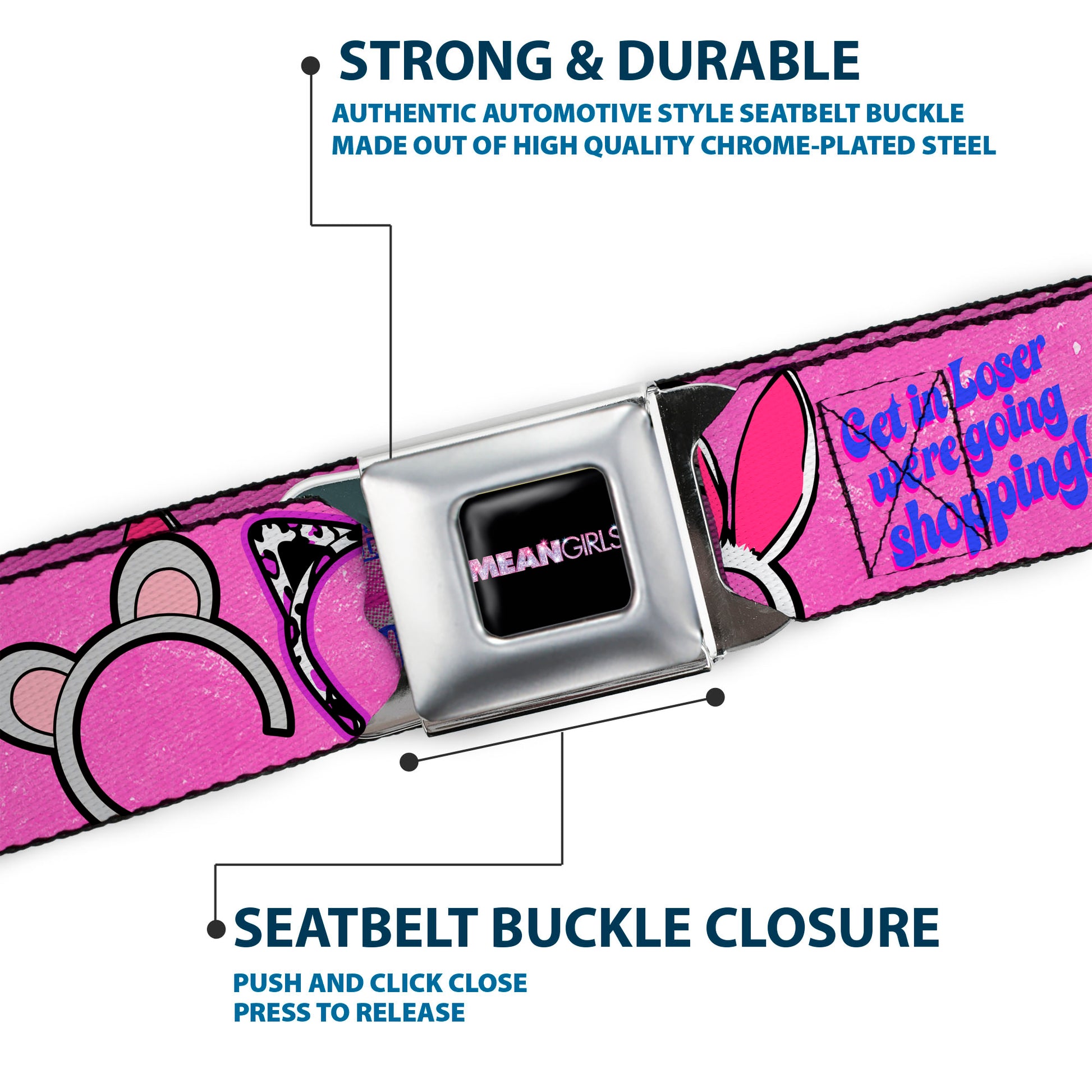 MEAN GIRLS Title Logo Full Color Black/White Seatbelt Belt - MEAN GIRLS Quotes and Plastics Animal Ears Collage Pink Webbing Seatbelt Belts Mean Girls