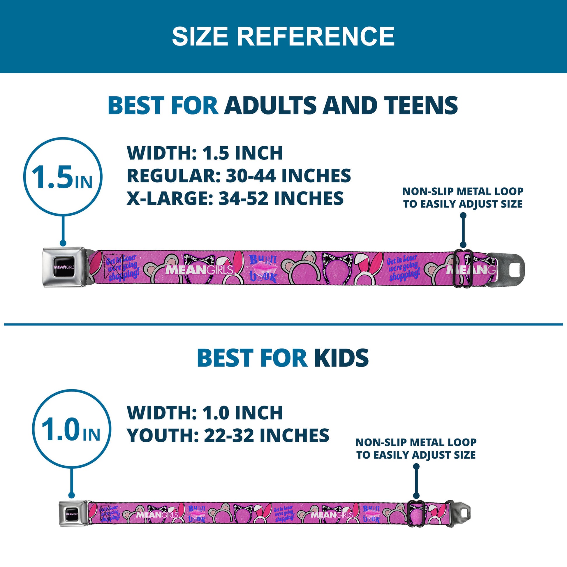 MEAN GIRLS Title Logo Full Color Black/White Seatbelt Belt - MEAN GIRLS Quotes and Plastics Animal Ears Collage Pink Webbing Seatbelt Belts Mean Girls