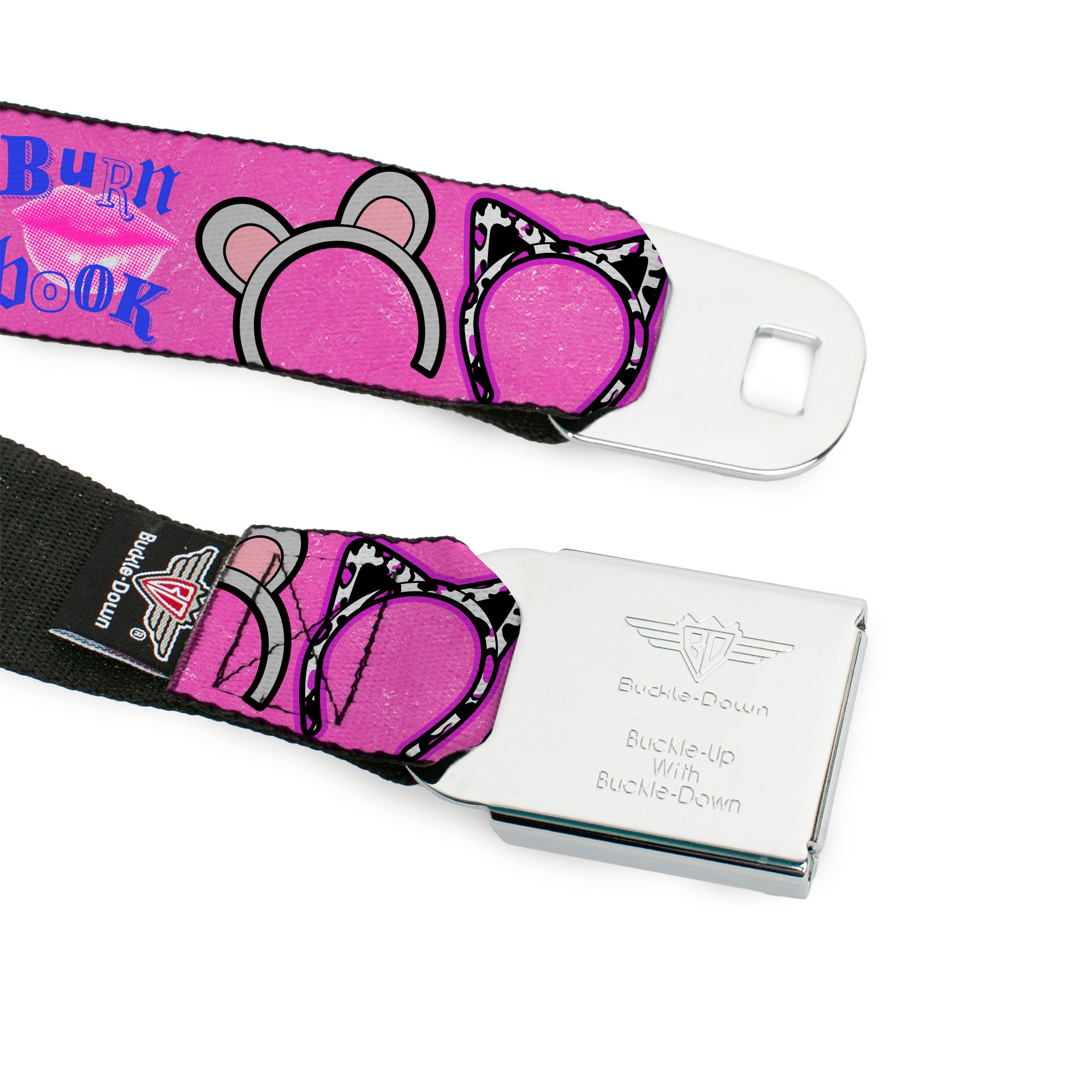 MEAN GIRLS Title Logo Full Color Black/White Seatbelt Belt - MEAN GIRLS Quotes and Plastics Animal Ears Collage Pink Webbing Seatbelt Belts Mean Girls