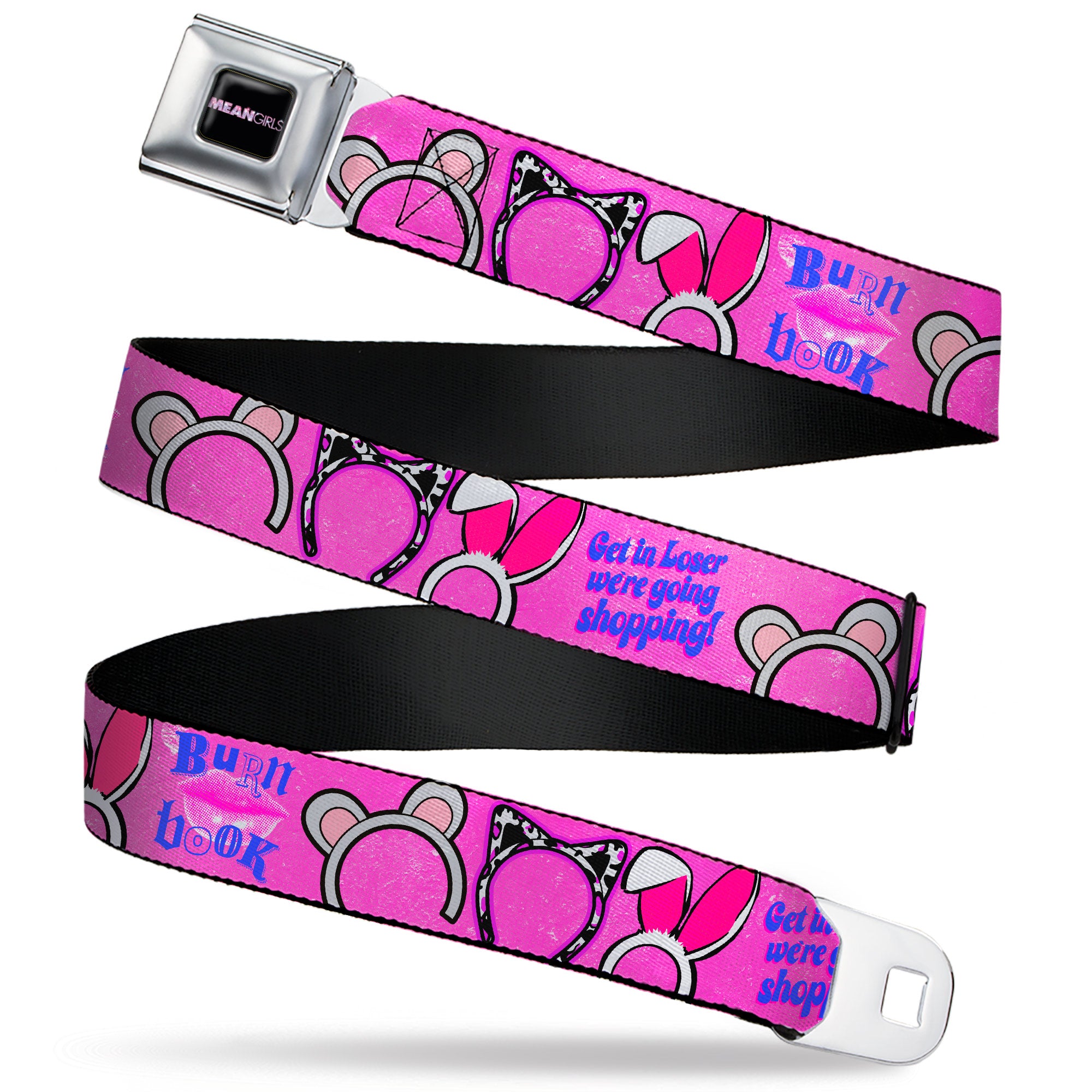 MEAN GIRLS Title Logo Full Color Black/White Seatbelt Belt - MEAN GIRLS Quotes and Plastics Animal Ears Collage Pink Webbing Seatbelt Belts Mean Girls