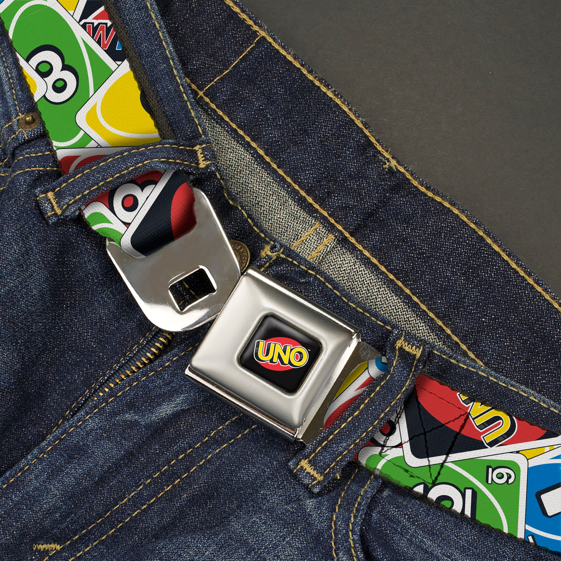 UNO Game Logo Full Color Black/Red/Yellow Seatbelt Belt - UNO Cards Stacked Collage Multi Color Webbing Seatbelt Belts UNO