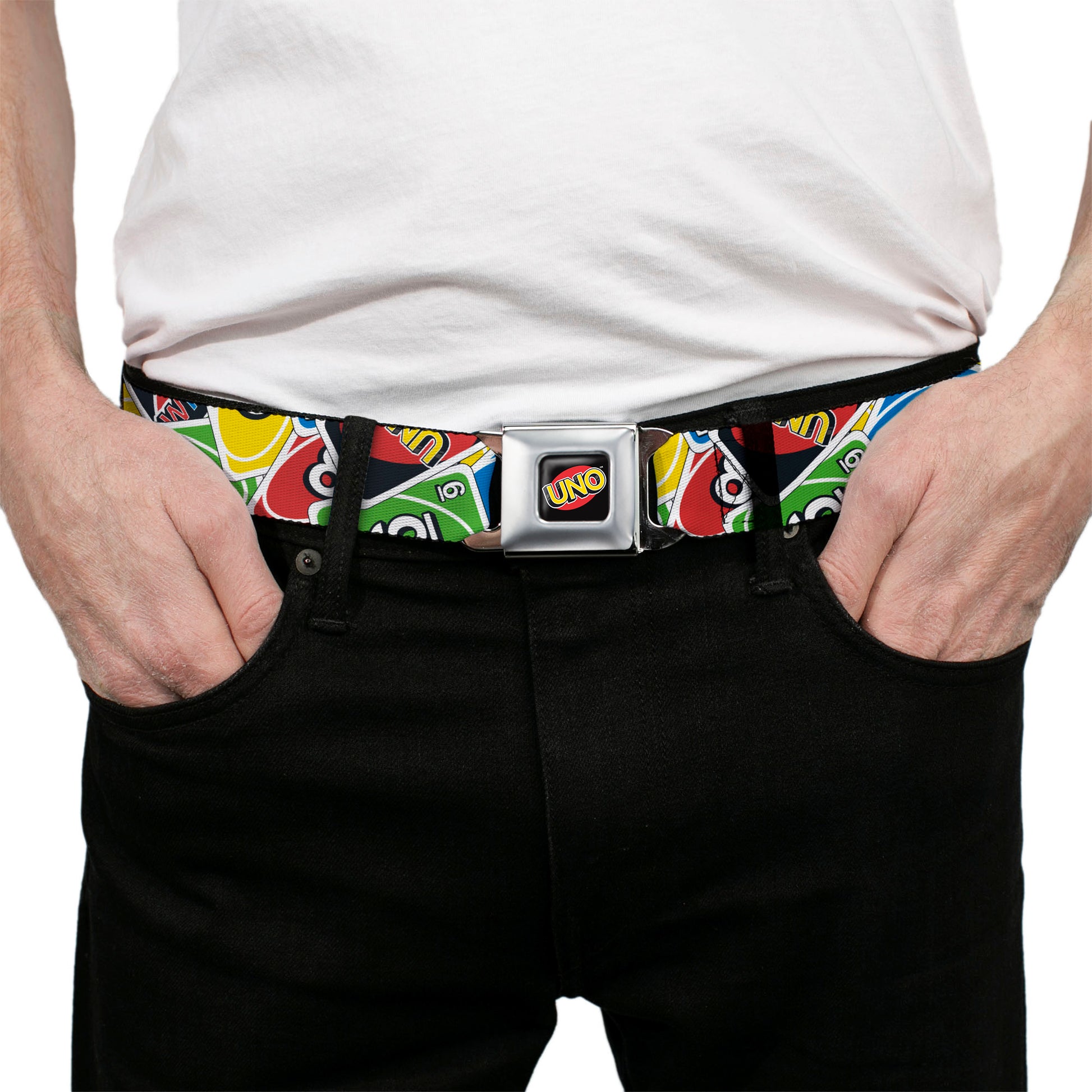 UNO Game Logo Full Color Black/Red/Yellow Seatbelt Belt - UNO Cards Stacked Collage Multi Color Webbing Seatbelt Belts UNO