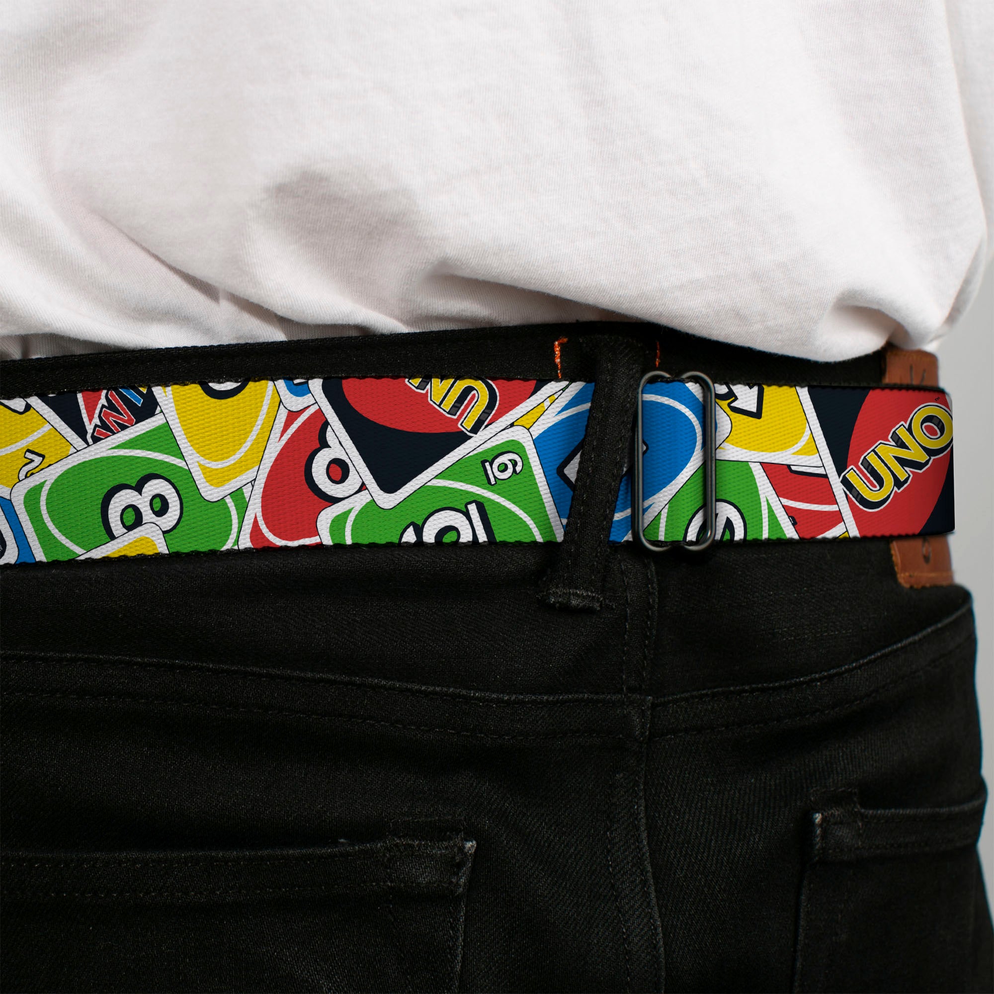 UNO Game Logo Full Color Black/Red/Yellow Seatbelt Belt - UNO Cards Stacked Collage Multi Color Webbing Seatbelt Belts UNO