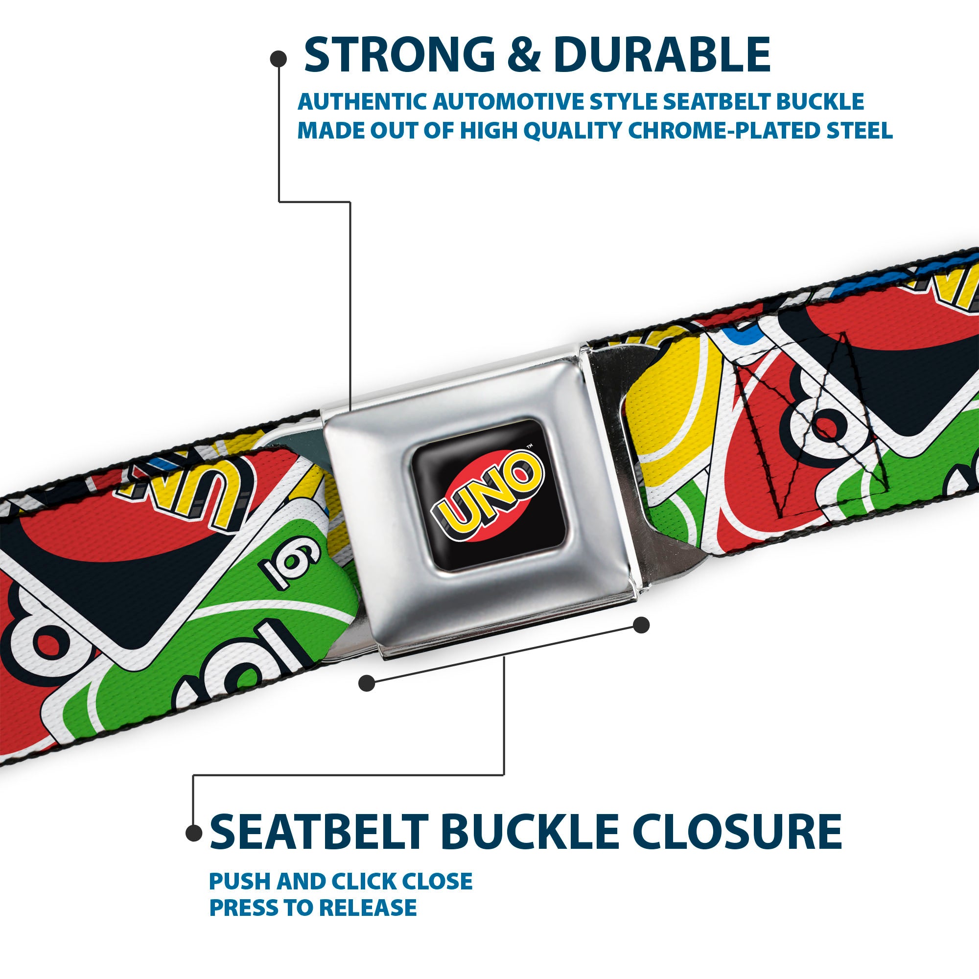 UNO Game Logo Full Color Black/Red/Yellow Seatbelt Belt - UNO Cards Stacked Collage Multi Color Webbing Seatbelt Belts UNO