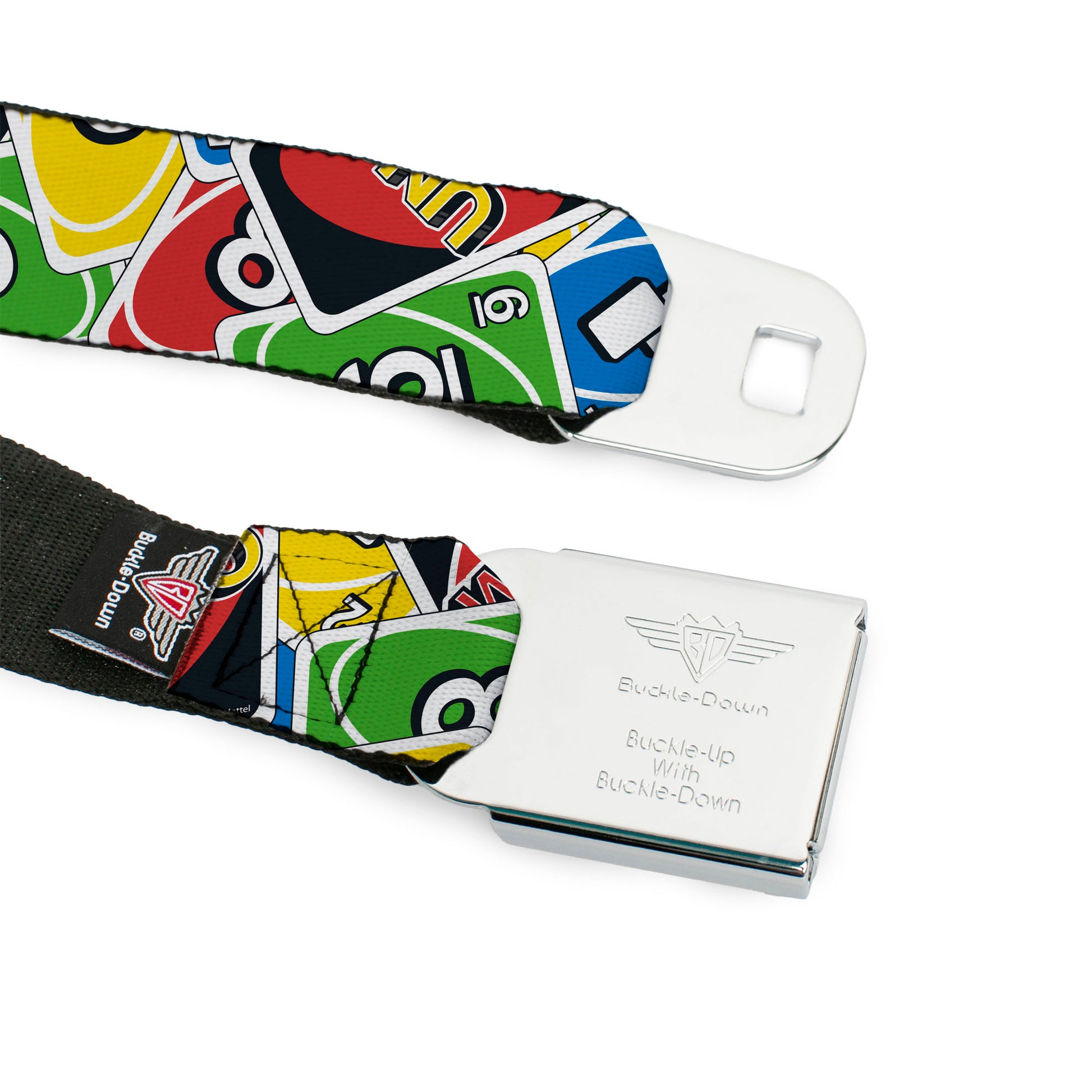 UNO Game Logo Full Color Black/Red/Yellow Seatbelt Belt - UNO Cards Stacked Collage Multi Color Webbing Seatbelt Belts UNO