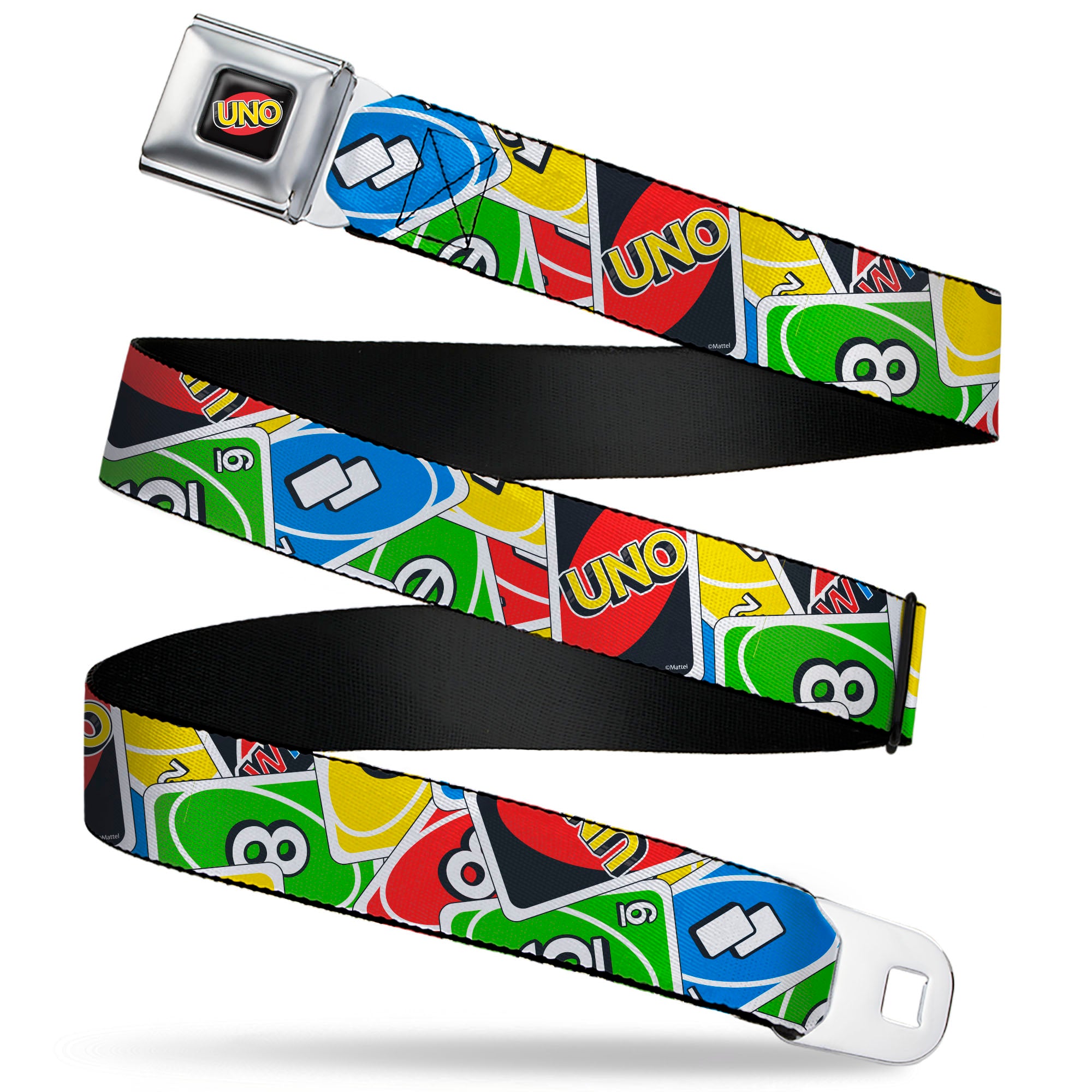 UNO Game Logo Full Color Black/Red/Yellow Seatbelt Belt - UNO Cards Stacked Collage Multi Color Webbing Seatbelt Belts UNO