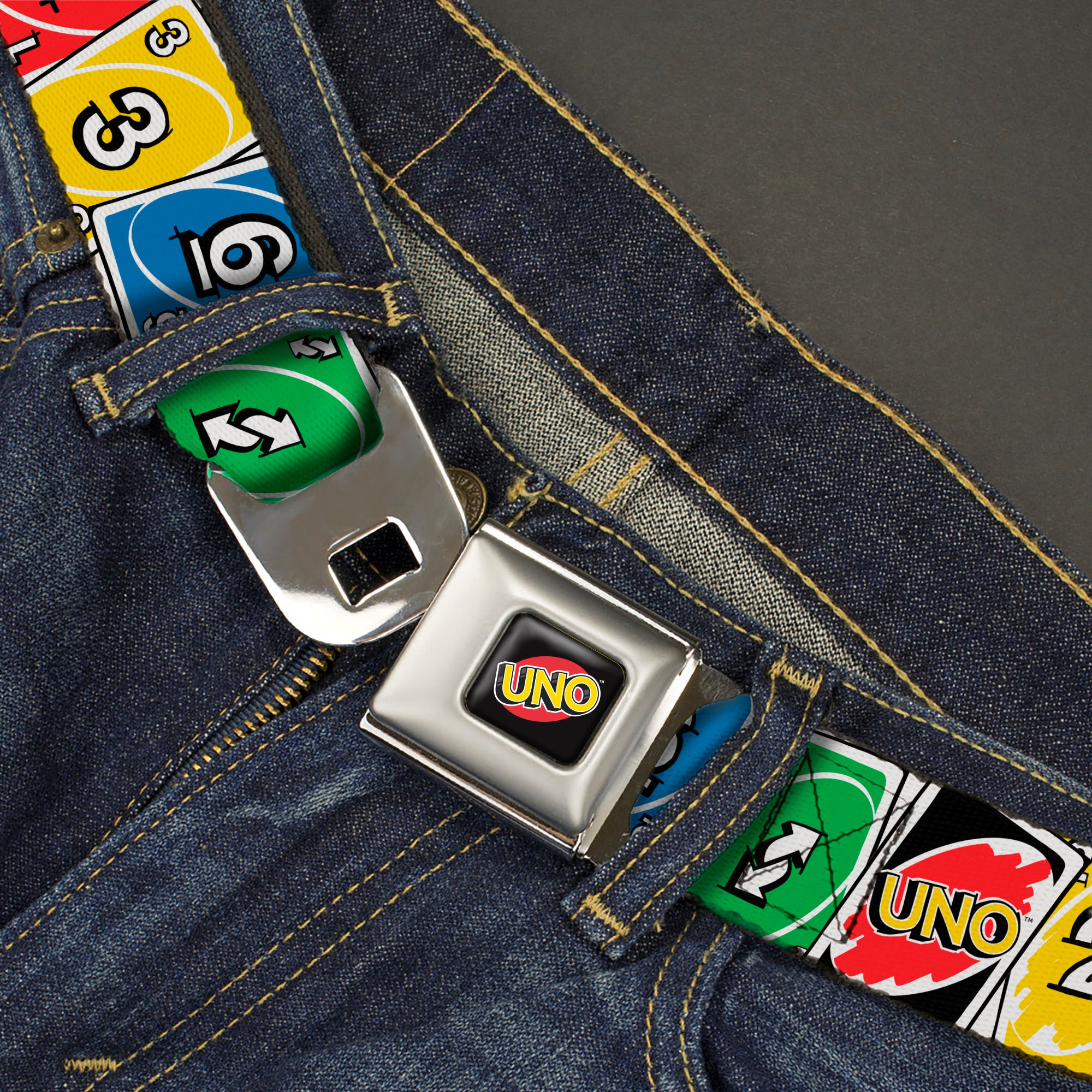 UNO Game Logo Full Color Black/Red/Yellow Seatbelt Belt - UNO Cards Lineup Stack Multi Color Webbing Seatbelt Belts UNO