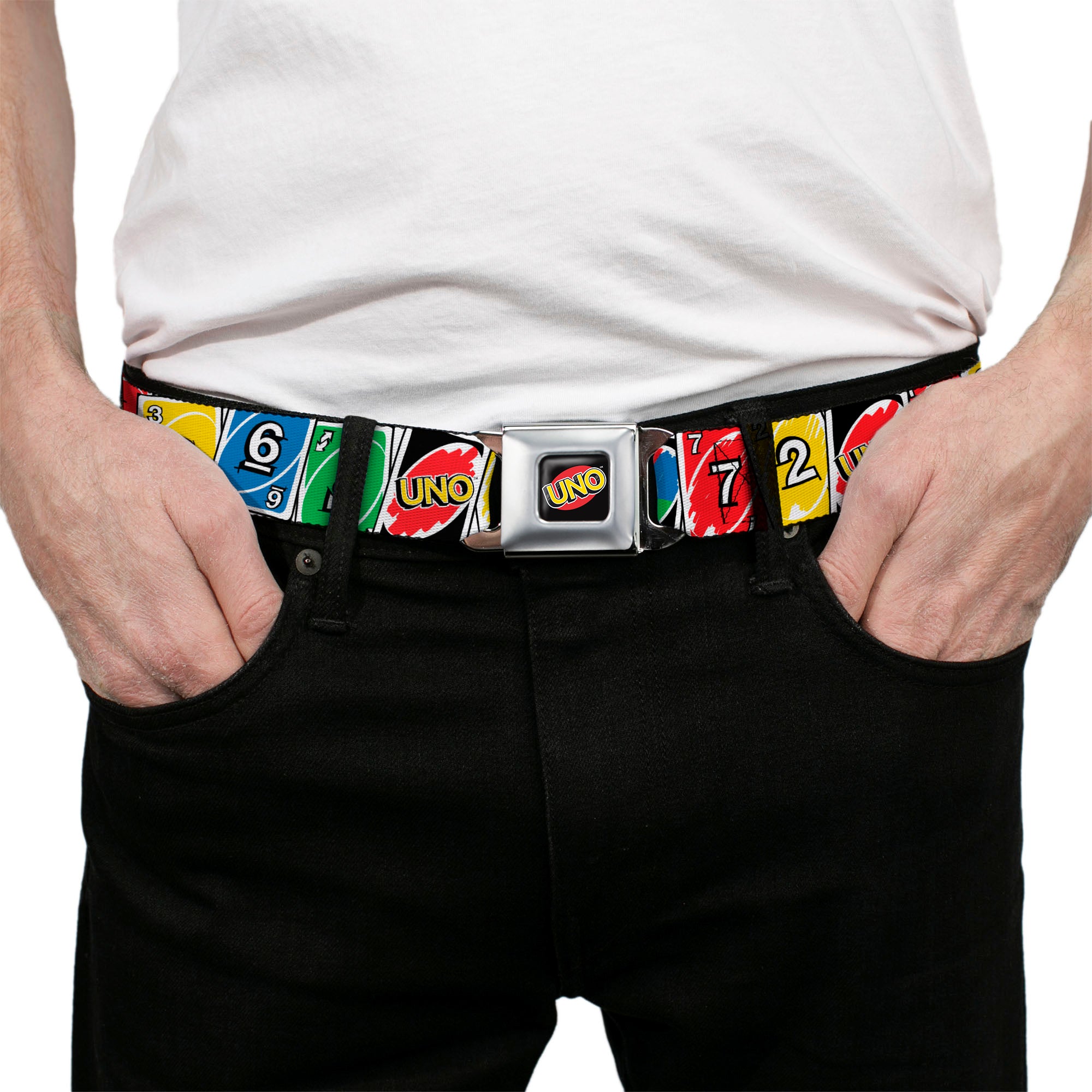 UNO Game Logo Full Color Black/Red/Yellow Seatbelt Belt - UNO Cards Lineup Stack Multi Color Webbing Seatbelt Belts UNO