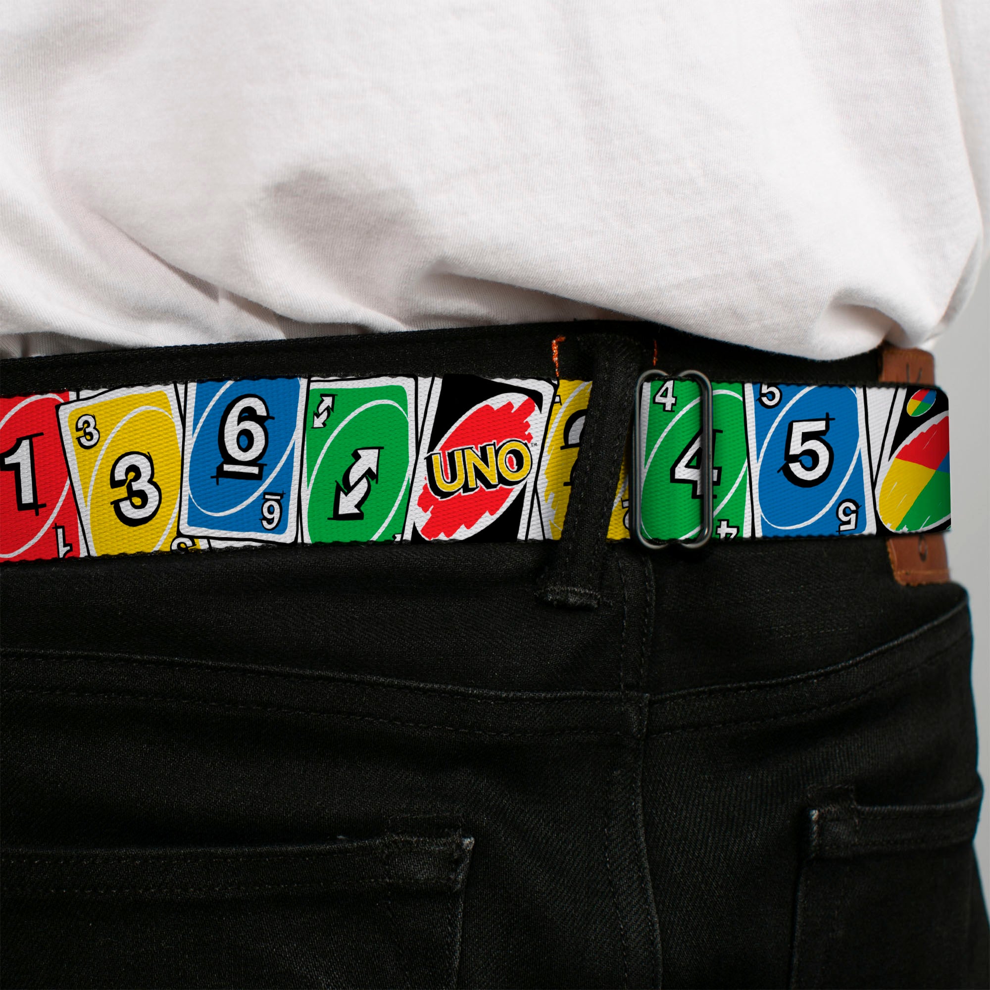 UNO Game Logo Full Color Black/Red/Yellow Seatbelt Belt - UNO Cards Lineup Stack Multi Color Webbing Seatbelt Belts UNO