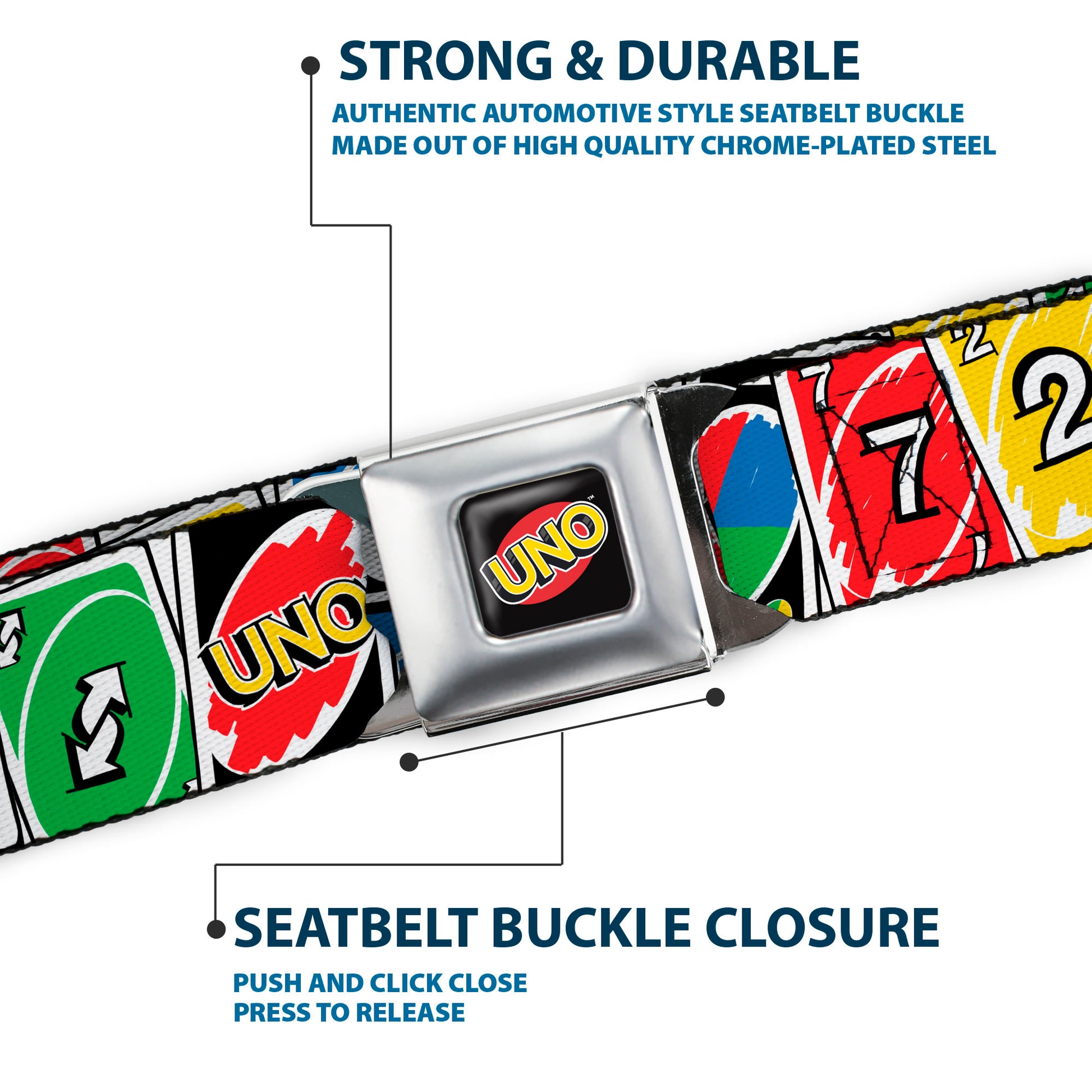 UNO Game Logo Full Color Black/Red/Yellow Seatbelt Belt - UNO Cards Lineup Stack Multi Color Webbing Seatbelt Belts UNO