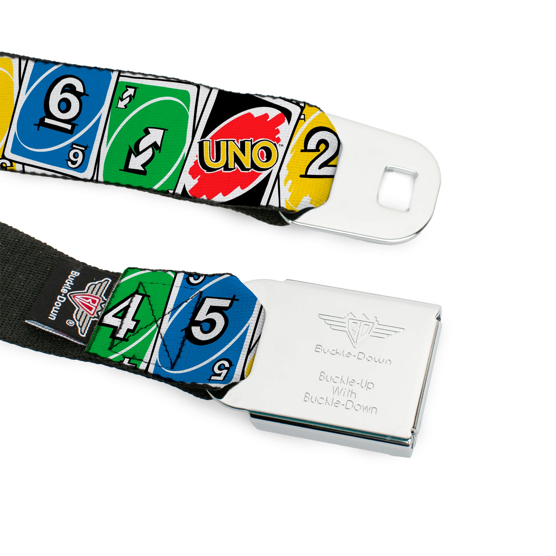 UNO Game Logo Full Color Black/Red/Yellow Seatbelt Belt - UNO Cards Lineup Stack Multi Color Webbing Seatbelt Belts UNO