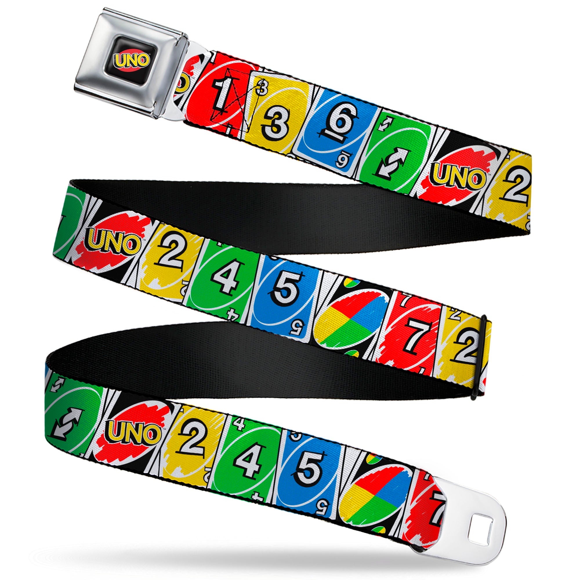 UNO Game Logo Full Color Black/Red/Yellow Seatbelt Belt - UNO Cards Lineup Stack Multi Color Webbing Seatbelt Belts UNO