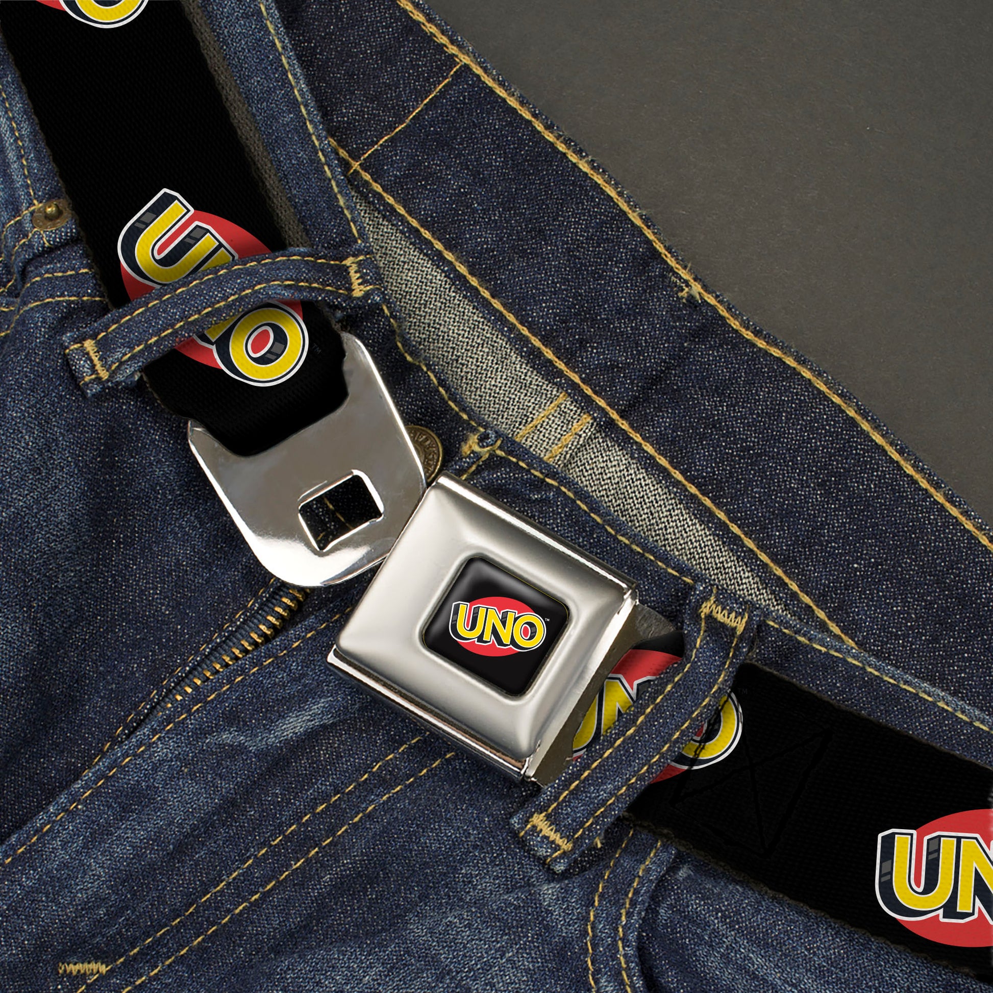 UNO Game Logo Full Color Black/Red/Yellow Seatbelt Belt - UNO Game Logo Black/Red/Yellow Webbing Seatbelt Belts UNO