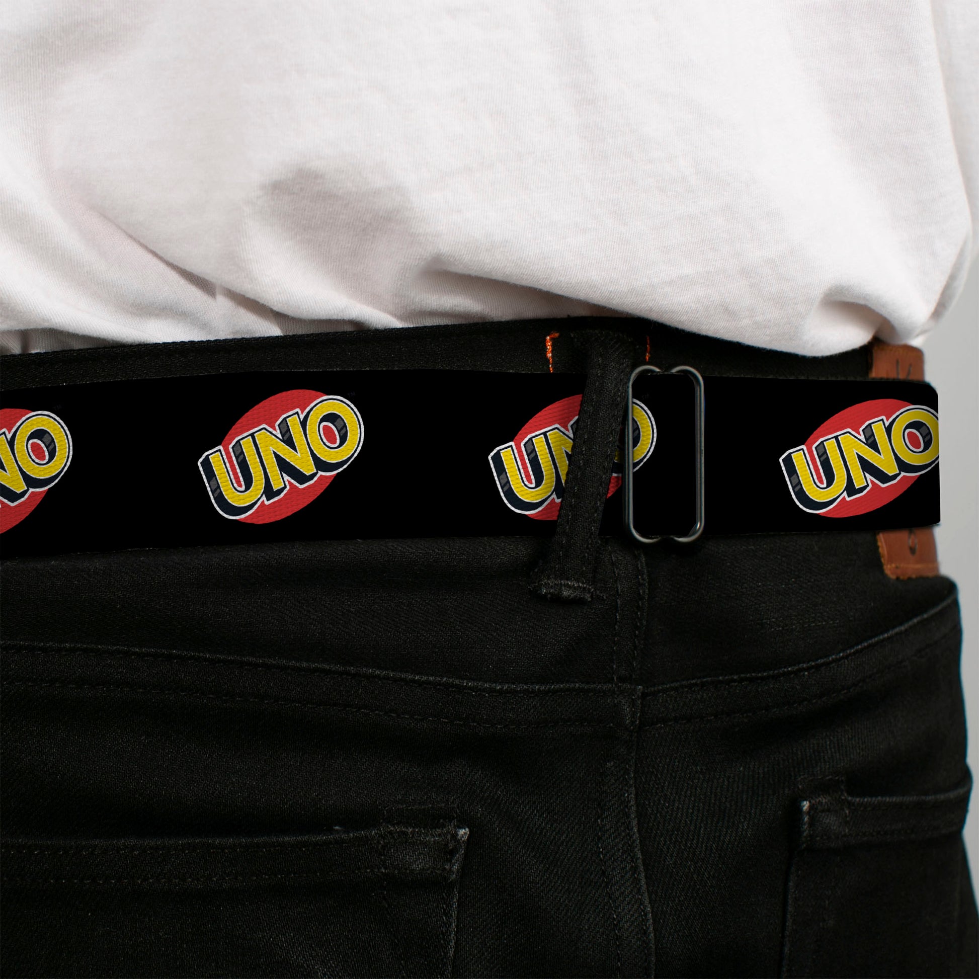 UNO Game Logo Full Color Black/Red/Yellow Seatbelt Belt - UNO Game Logo Black/Red/Yellow Webbing Seatbelt Belts UNO
