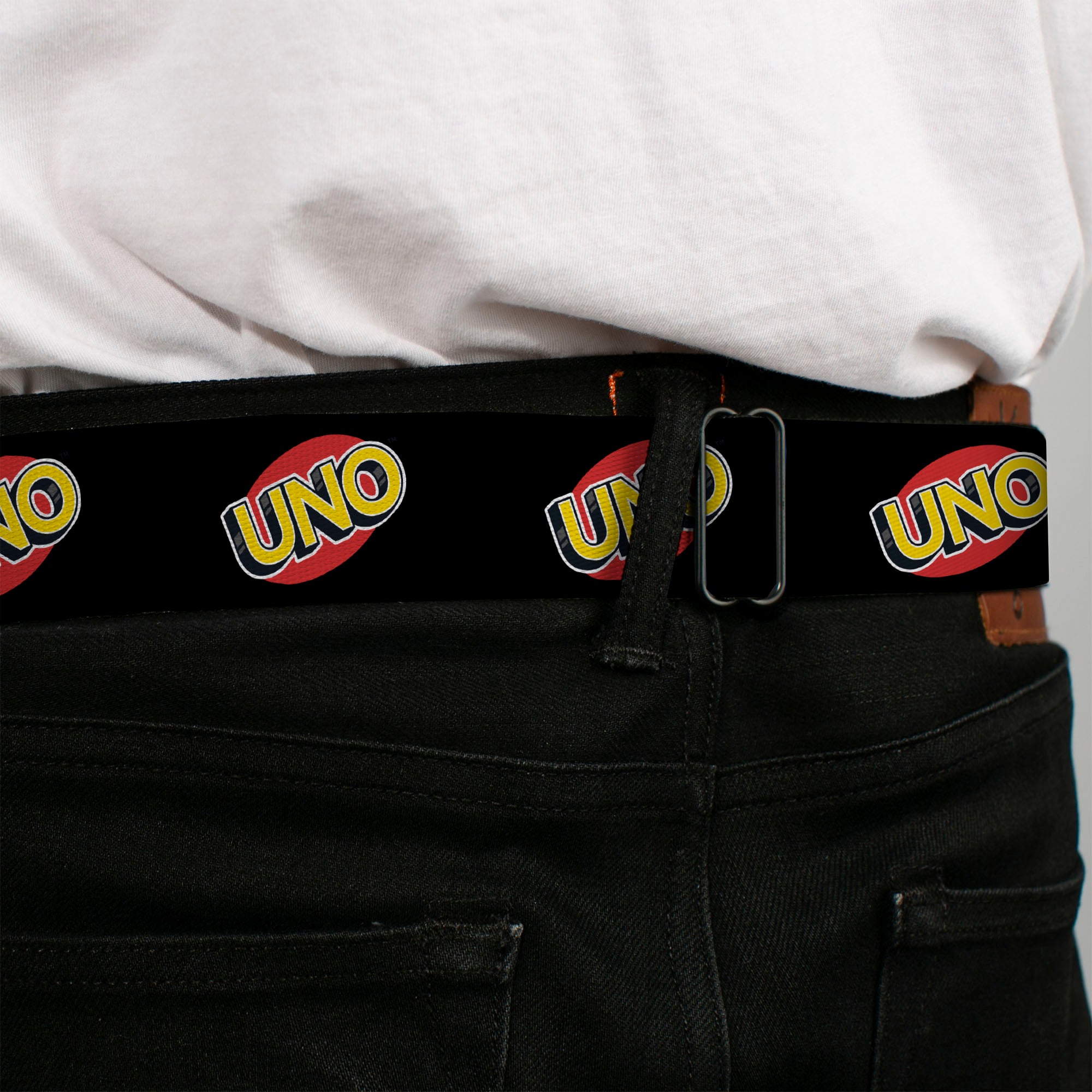 UNO Game Logo Full Color Black/Red/Yellow Seatbelt Belt - UNO Game Logo Black/Red/Yellow Webbing Seatbelt Belts UNO