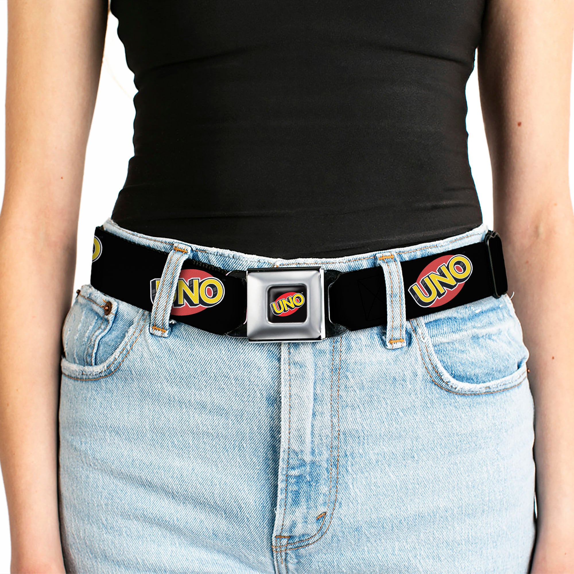 UNO Game Logo Full Color Black/Red/Yellow Seatbelt Belt - UNO Game Logo Black/Red/Yellow Webbing Seatbelt Belts UNO