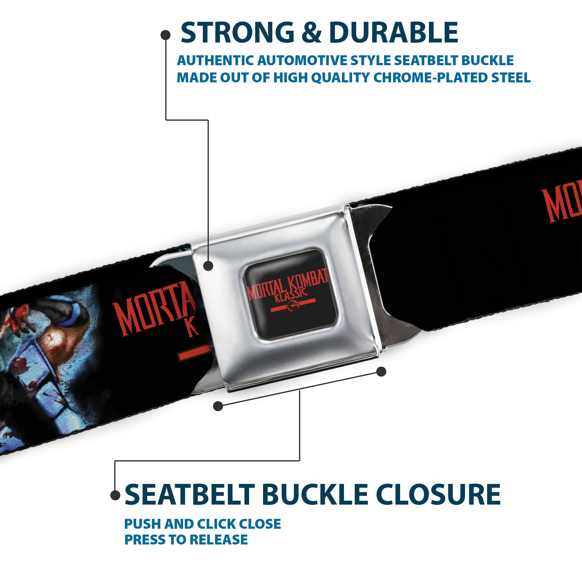 MORTAL KOMBAT KLASSIC Title Logo Full Color Black/Red Seatbelt Belt - MORTAL KOMBAT KLASSIC Sub Zero Freeze Pose and Title Logo Black/Red/Blues Webbing Seatbelt Belts Mortal Kombat