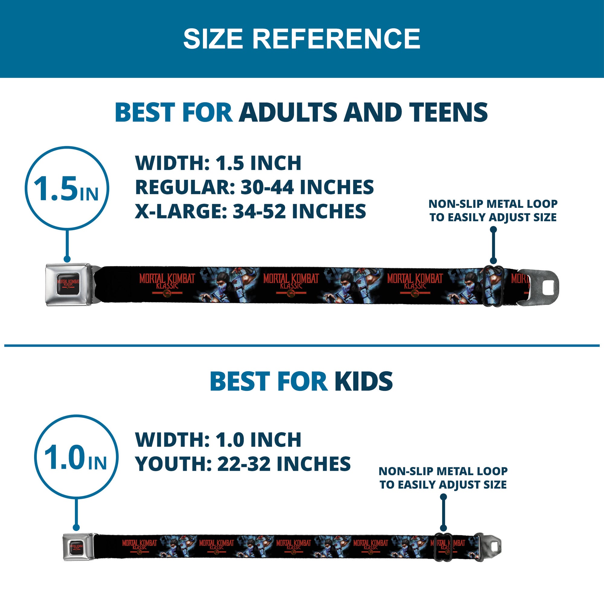 MORTAL KOMBAT KLASSIC Title Logo Full Color Black/Red Seatbelt Belt - MORTAL KOMBAT KLASSIC Sub Zero Freeze Pose and Title Logo Black/Red/Blues Webbing Seatbelt Belts Mortal Kombat