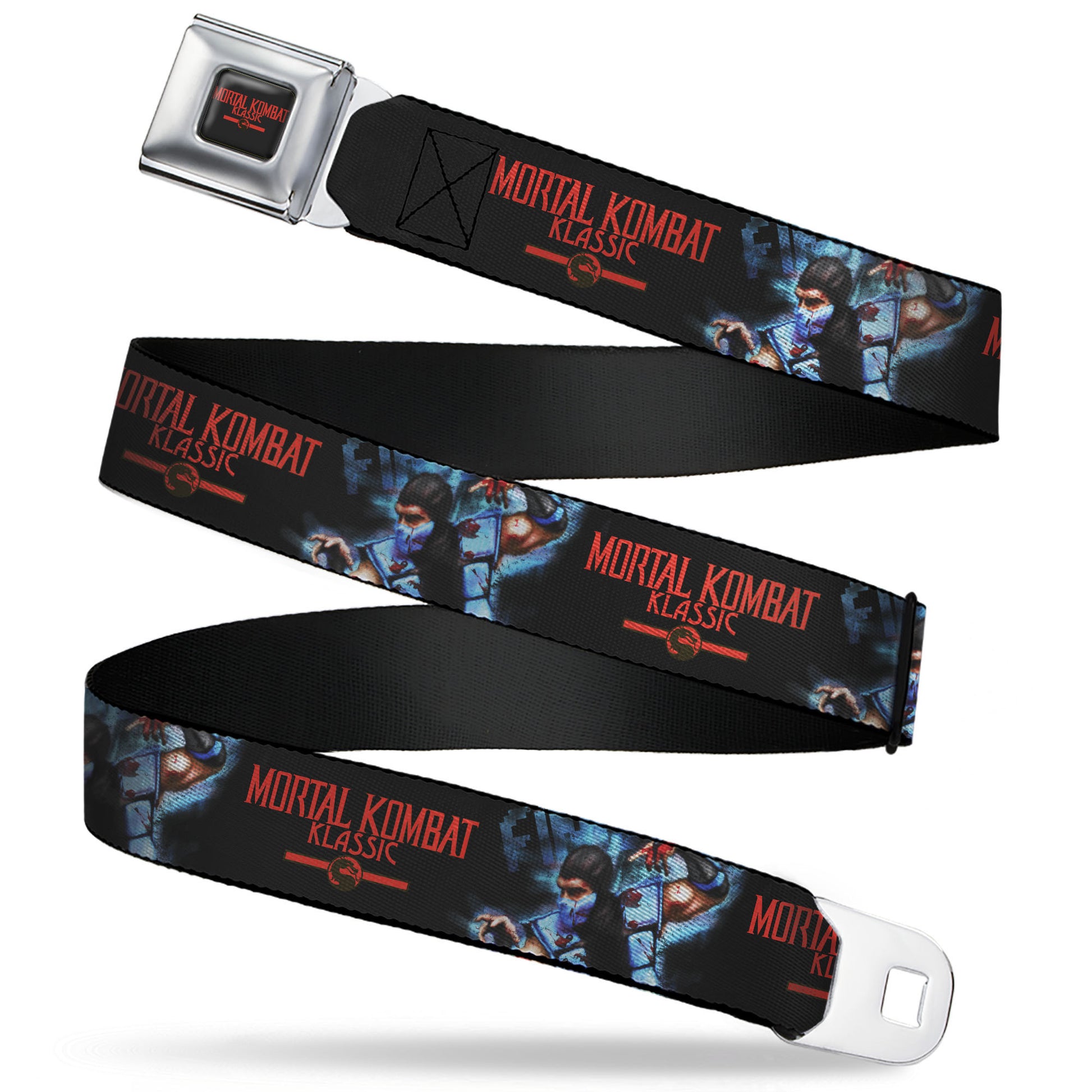 MORTAL KOMBAT KLASSIC Title Logo Full Color Black/Red Seatbelt Belt - MORTAL KOMBAT KLASSIC Sub Zero Freeze Pose and Title Logo Black/Red/Blues Webbing Seatbelt Belts Mortal Kombat