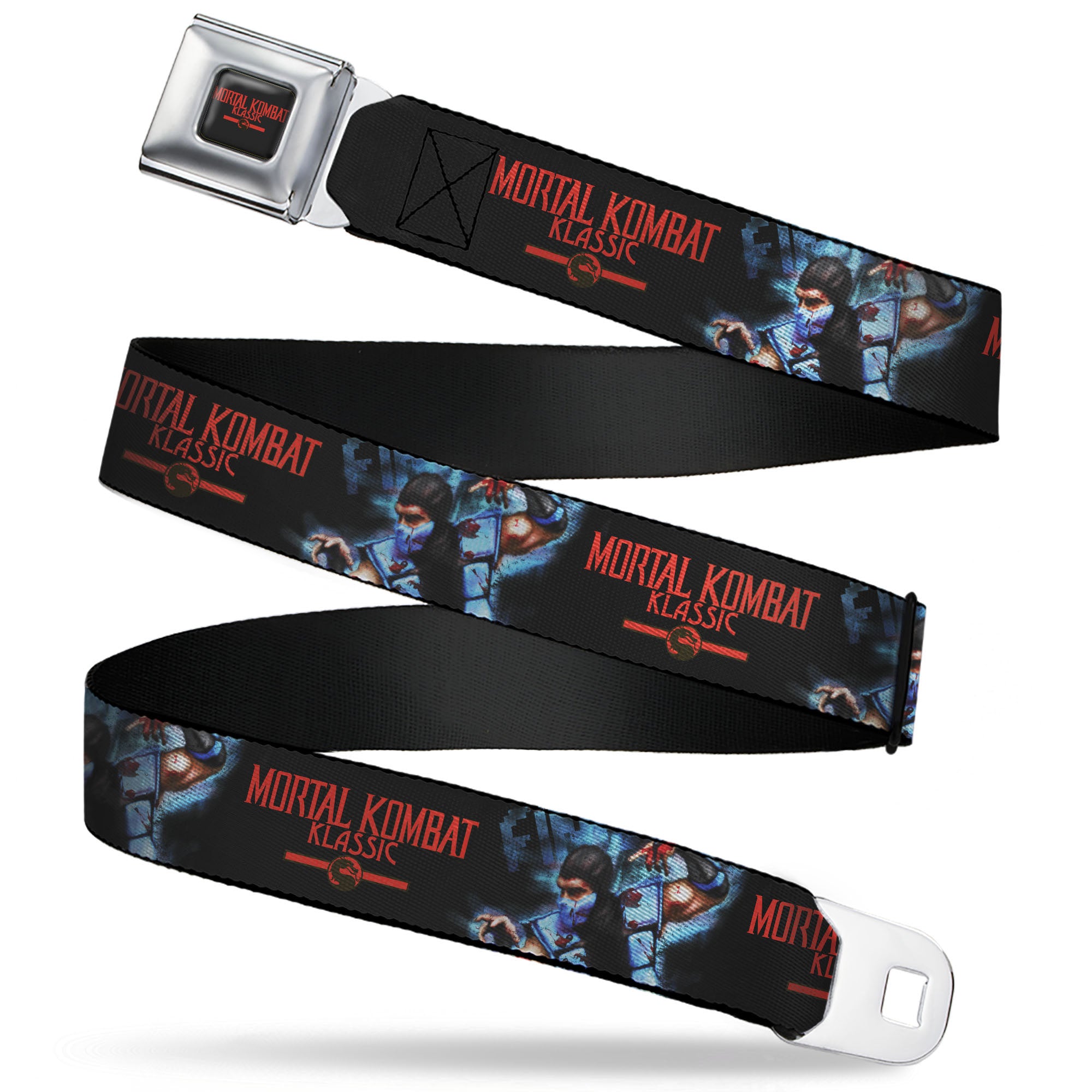 MORTAL KOMBAT KLASSIC Title Logo Full Color Black/Red Seatbelt Belt - MORTAL KOMBAT KLASSIC Sub Zero Freeze Pose and Title Logo Black/Red/Blues Webbing Seatbelt Belts Mortal Kombat