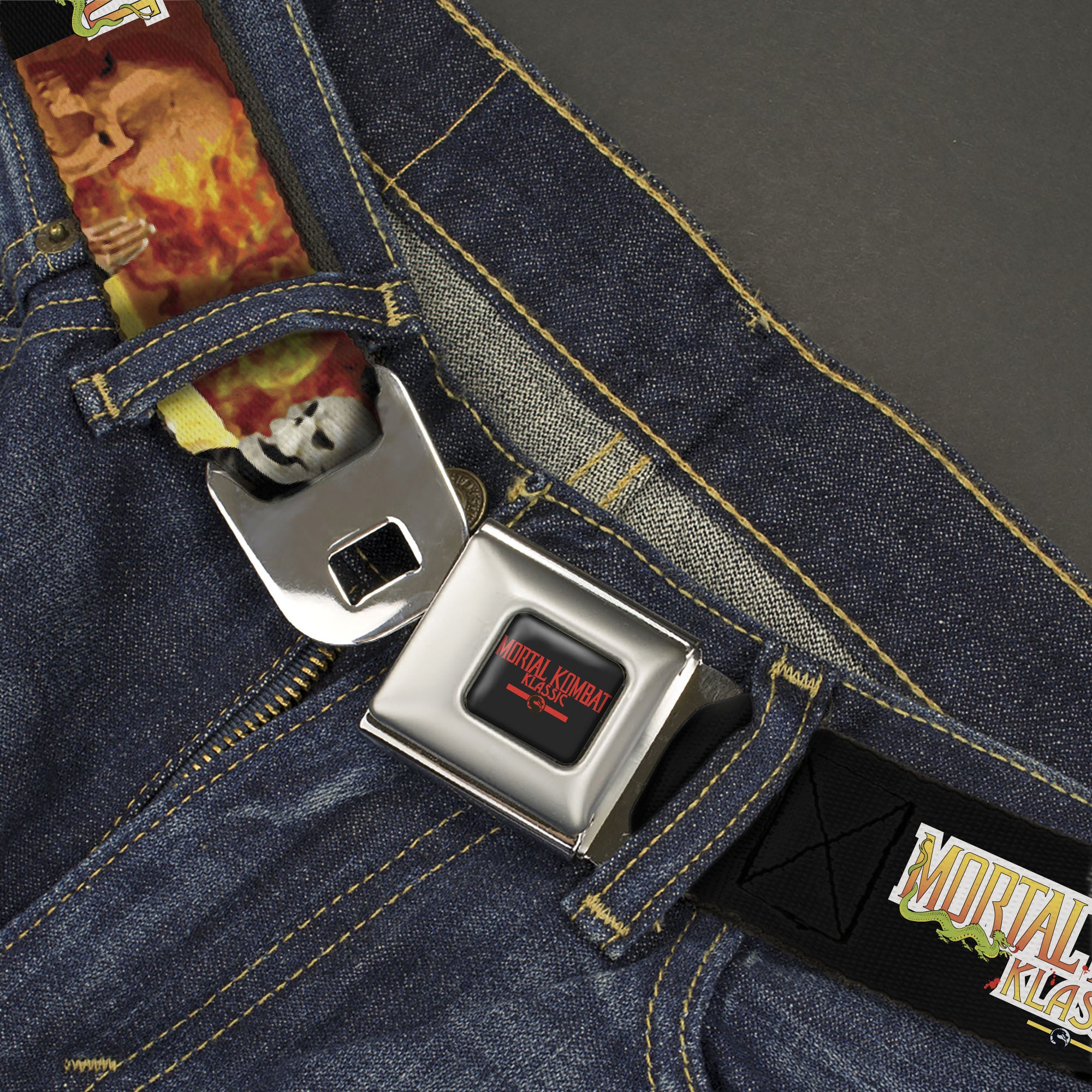 MORTAL KOMBAT KLASSIC Title Logo Full Color Black/Red Seatbelt Belt - MORTAL KOMBAT KLASSIC Inferno Scorpion Pose and Title Logo Webbing Seatbelt Belts Mortal Kombat