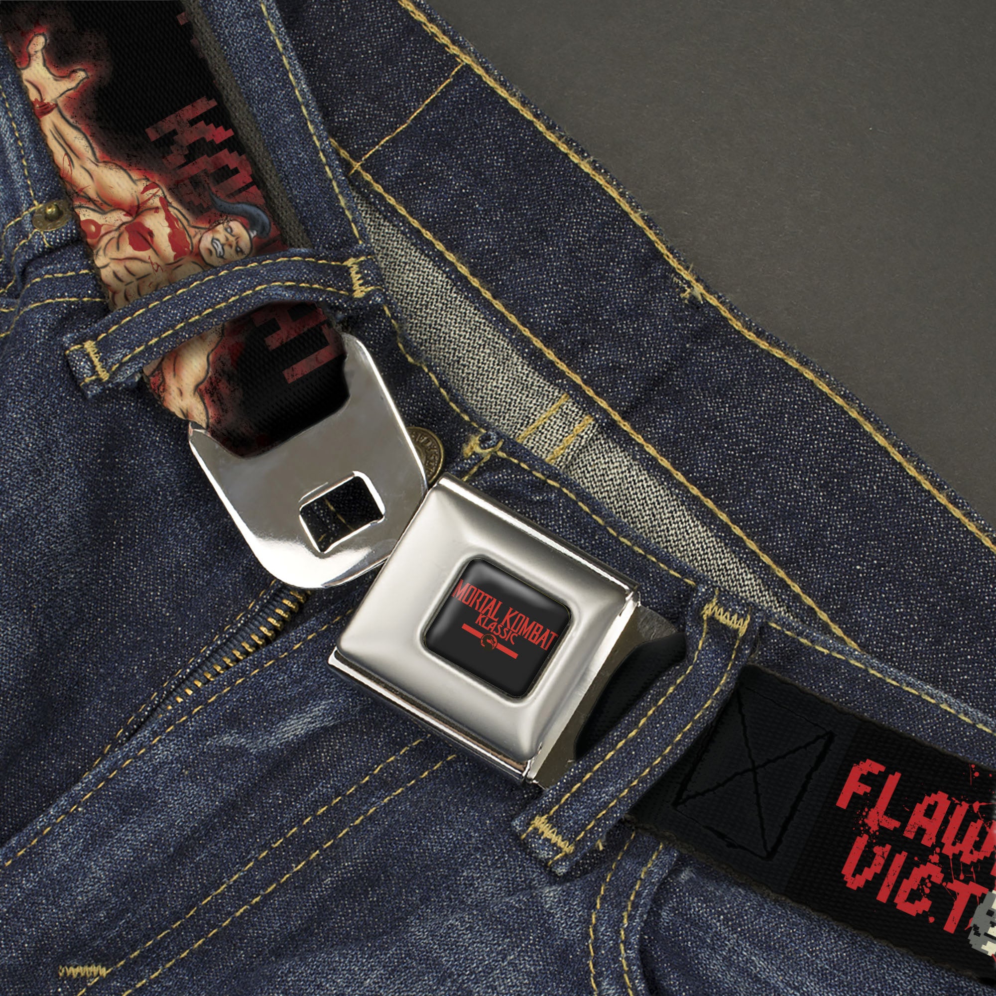 MORTAL KOMBAT KLASSIC Title Logo Full Color Black/Red Seatbelt Belt - Mortal Kombat Klassic Scorpion and Goro FLAWLESS VICTORY Pose Black/Red Webbing Seatbelt Belts Mortal Kombat