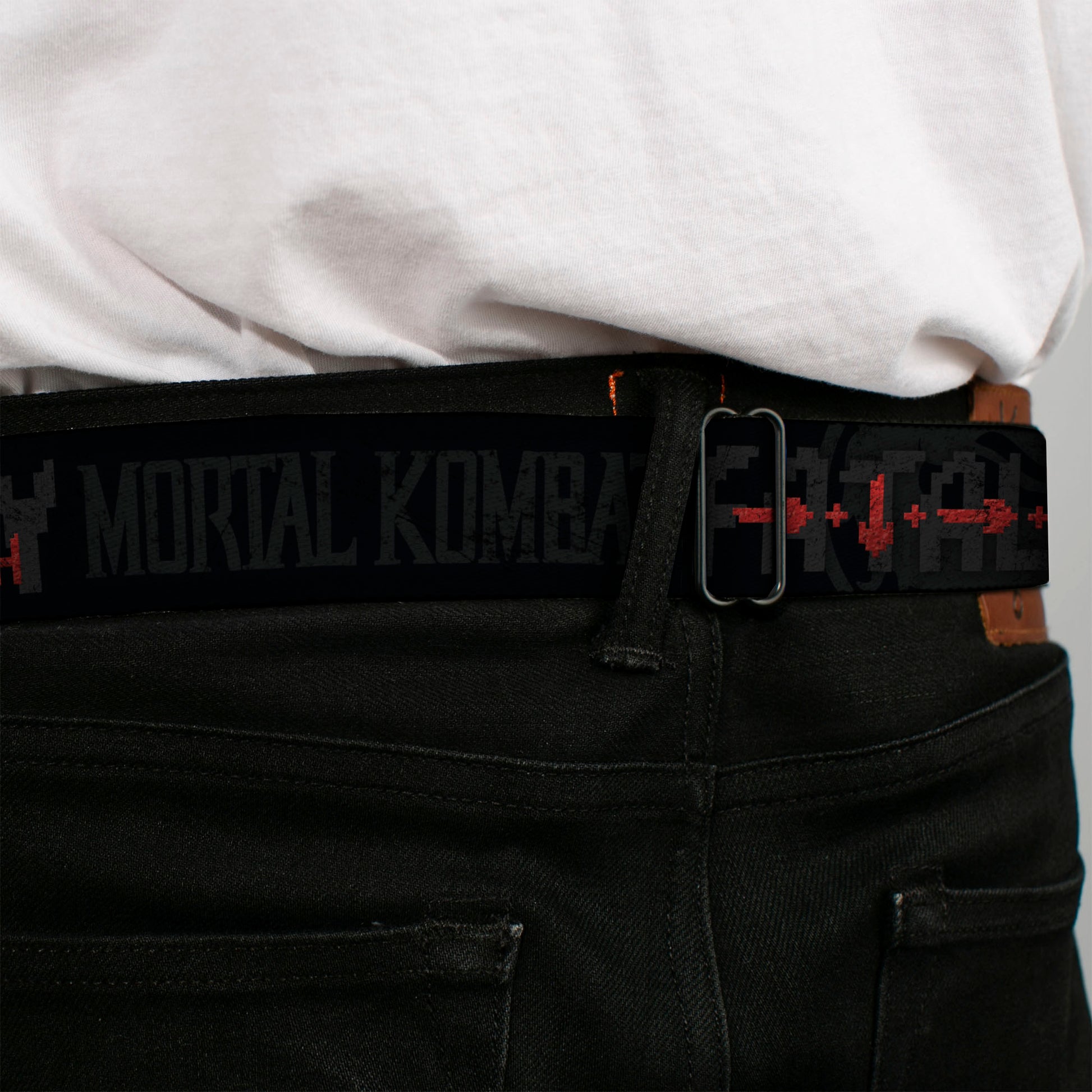 MORTAL KOMBAT KLASSIC Title Logo Full Color Black/Red Seatbelt Belt - Mortal Kombat Klassic HIGH PUNCH Moves Black/Gray/Reds Webbing Seatbelt Belts Mortal Kombat