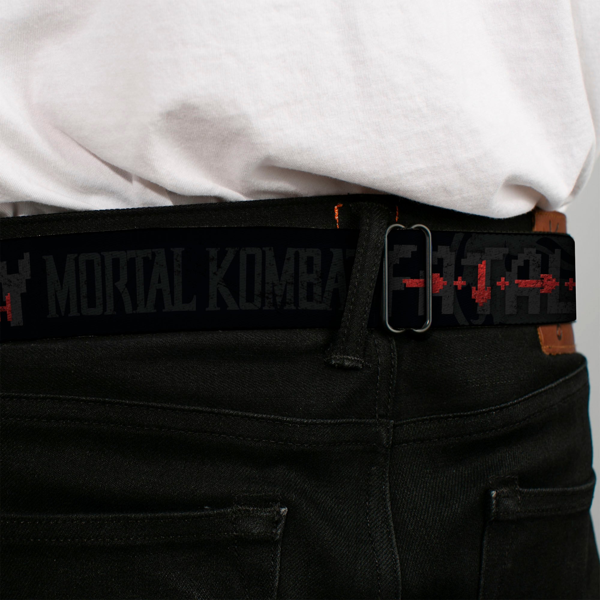 MORTAL KOMBAT KLASSIC Title Logo Full Color Black/Red Seatbelt Belt - Mortal Kombat Klassic HIGH PUNCH Moves Black/Gray/Reds Webbing Seatbelt Belts Mortal Kombat