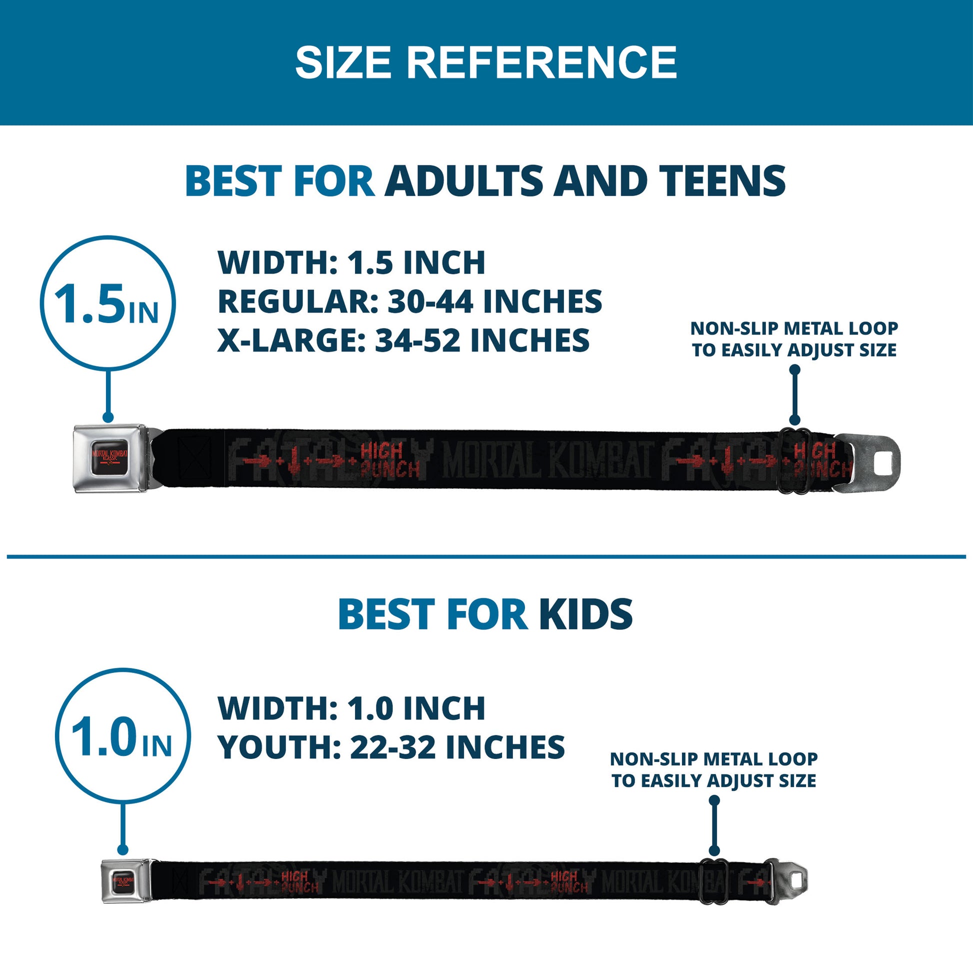 MORTAL KOMBAT KLASSIC Title Logo Full Color Black/Red Seatbelt Belt - Mortal Kombat Klassic HIGH PUNCH Moves Black/Gray/Reds Webbing Seatbelt Belts Mortal Kombat